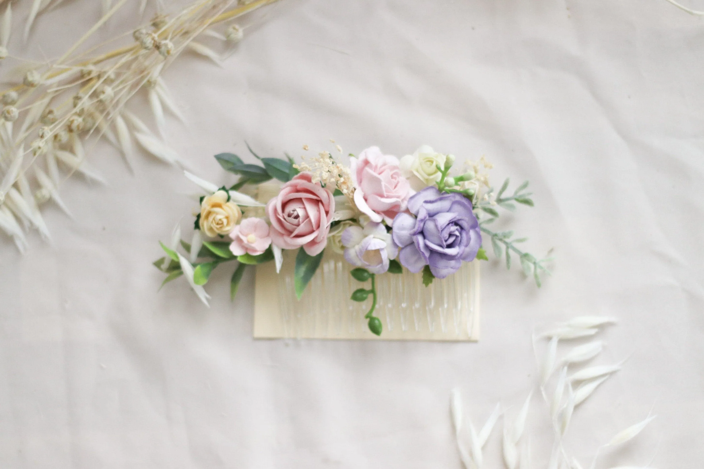 Flower Hair Comb / Purple, Peach Mulberry Paper Rose Wedding Comb