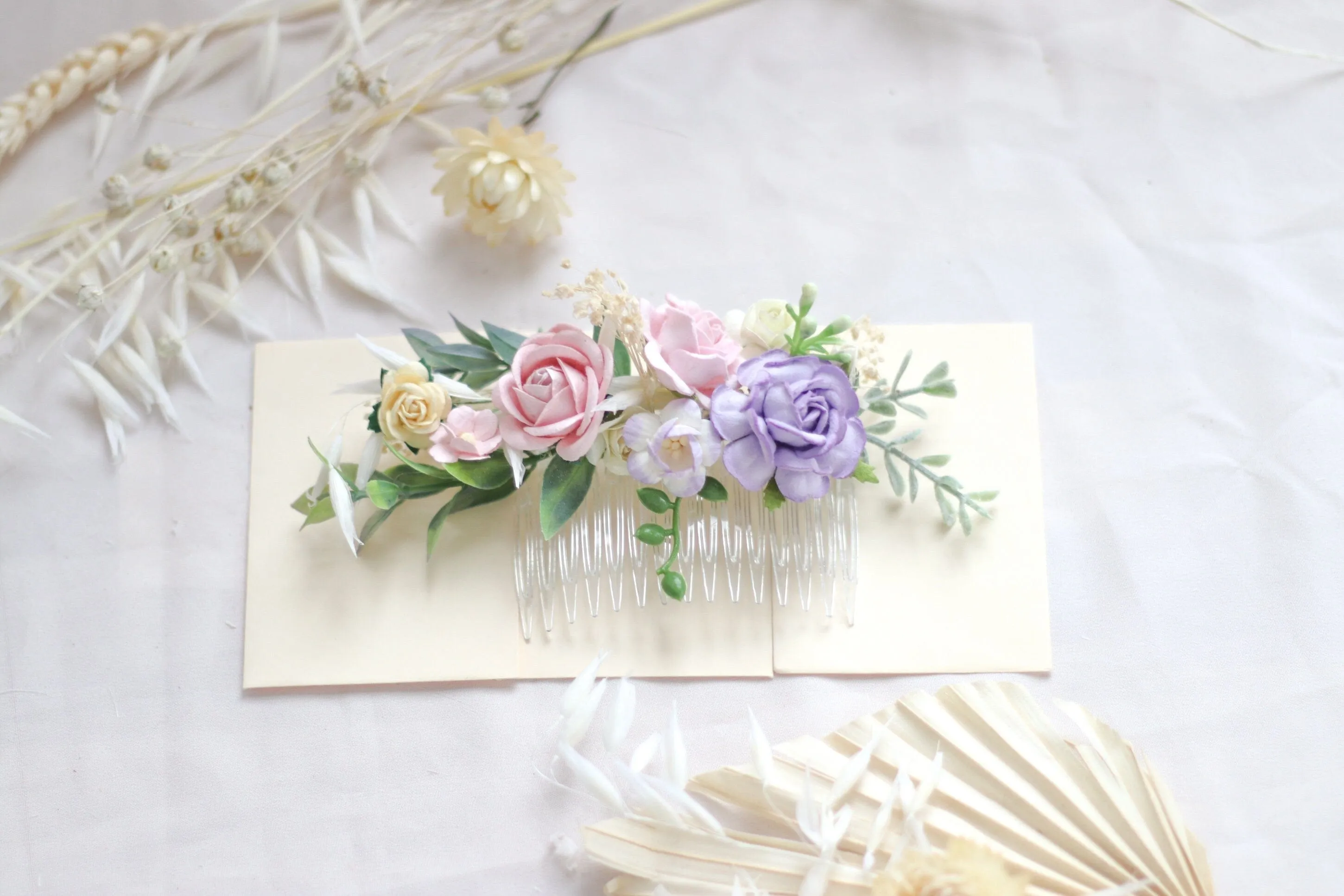 Flower Hair Comb / Purple, Peach Mulberry Paper Rose Wedding Comb