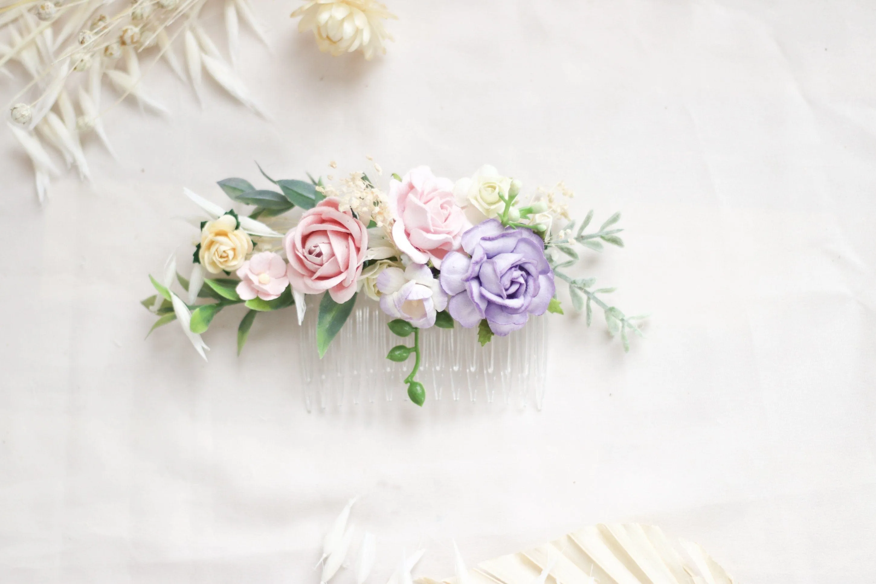Flower Hair Comb / Purple, Peach Mulberry Paper Rose Wedding Comb
