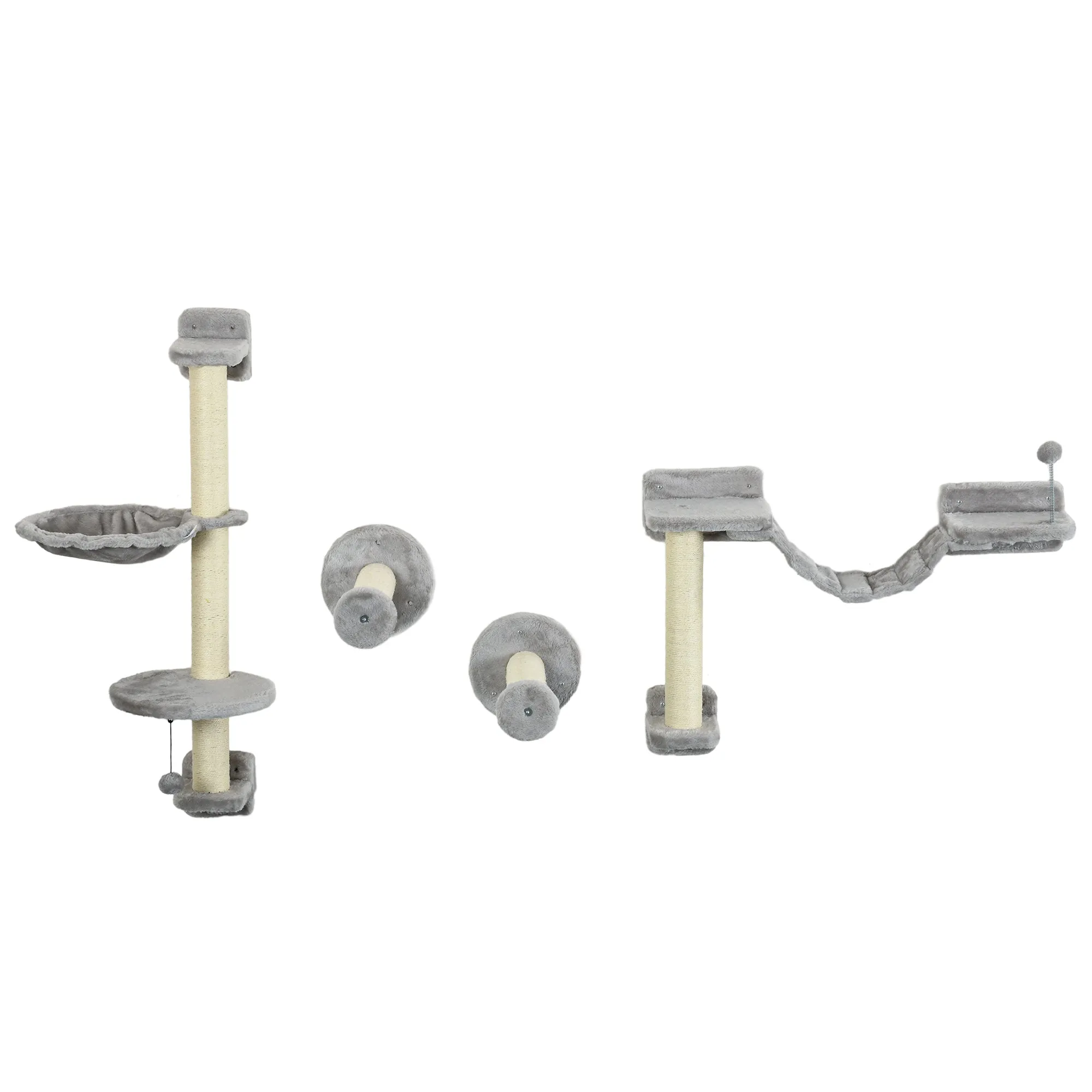 Four-Piece Cat Wall Furniture with Hammock Perches Ladder Scratching Post Grey