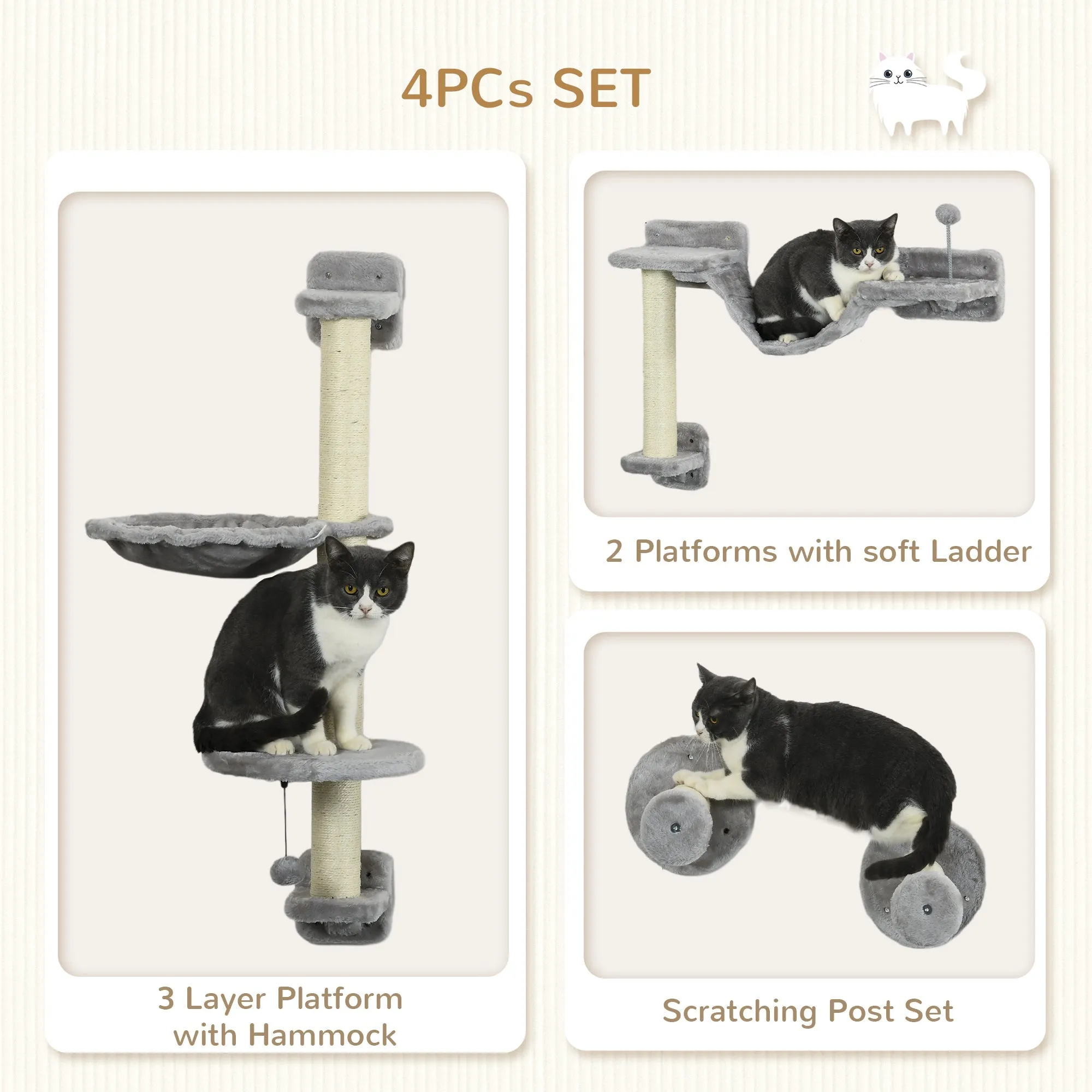 Four-Piece Cat Wall Furniture with Hammock Perches Ladder Scratching Post Grey