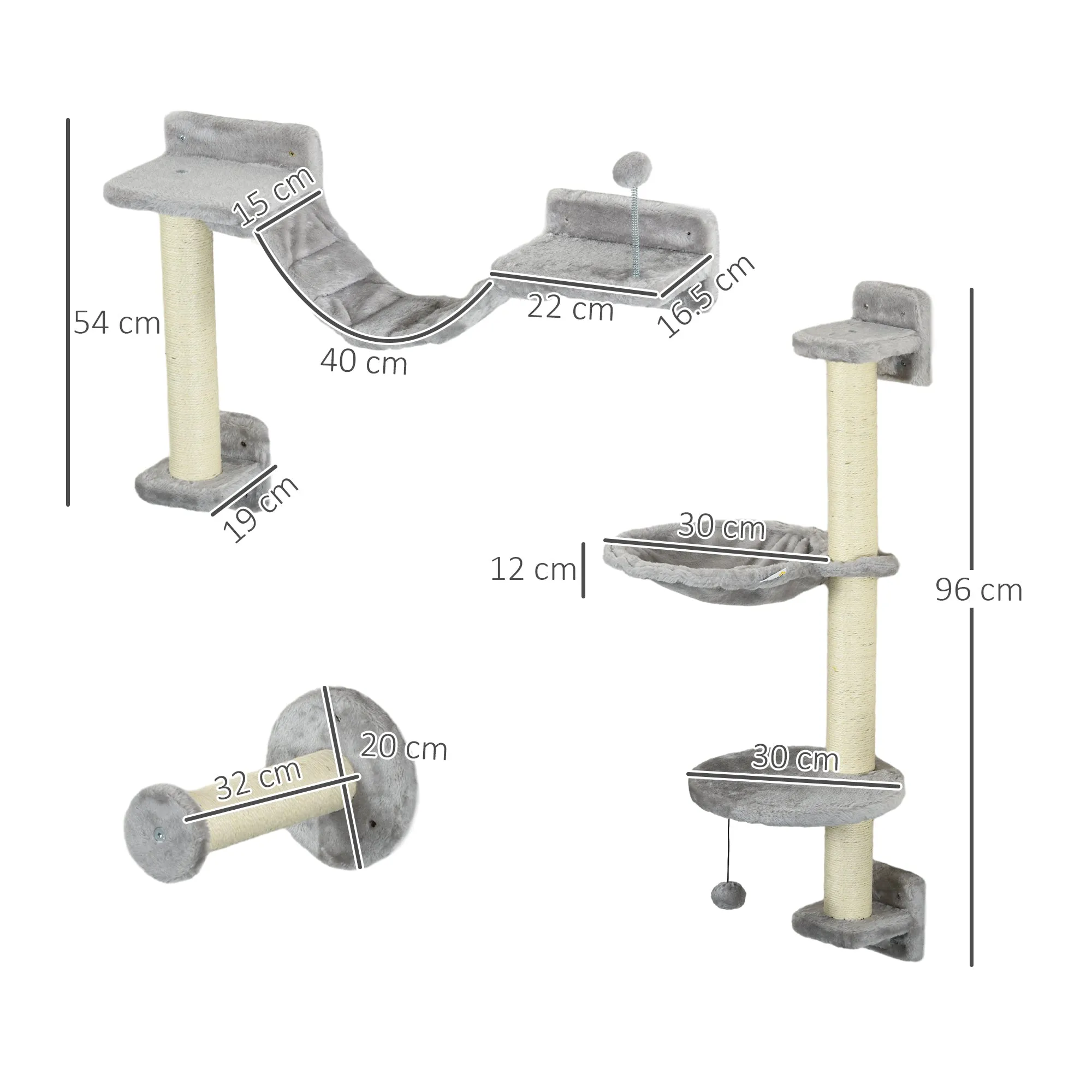 Four-Piece Cat Wall Furniture with Hammock Perches Ladder Scratching Post Grey