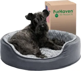 Furhaven Dog Bed for Medium/Small Dogs w/ Removable Washable Cover & Pillow Cushion Insert, For Dogs Up to 18 lbs - Two-Tone Faux Fur & Suede Oval Lounger - Gray, Medium
