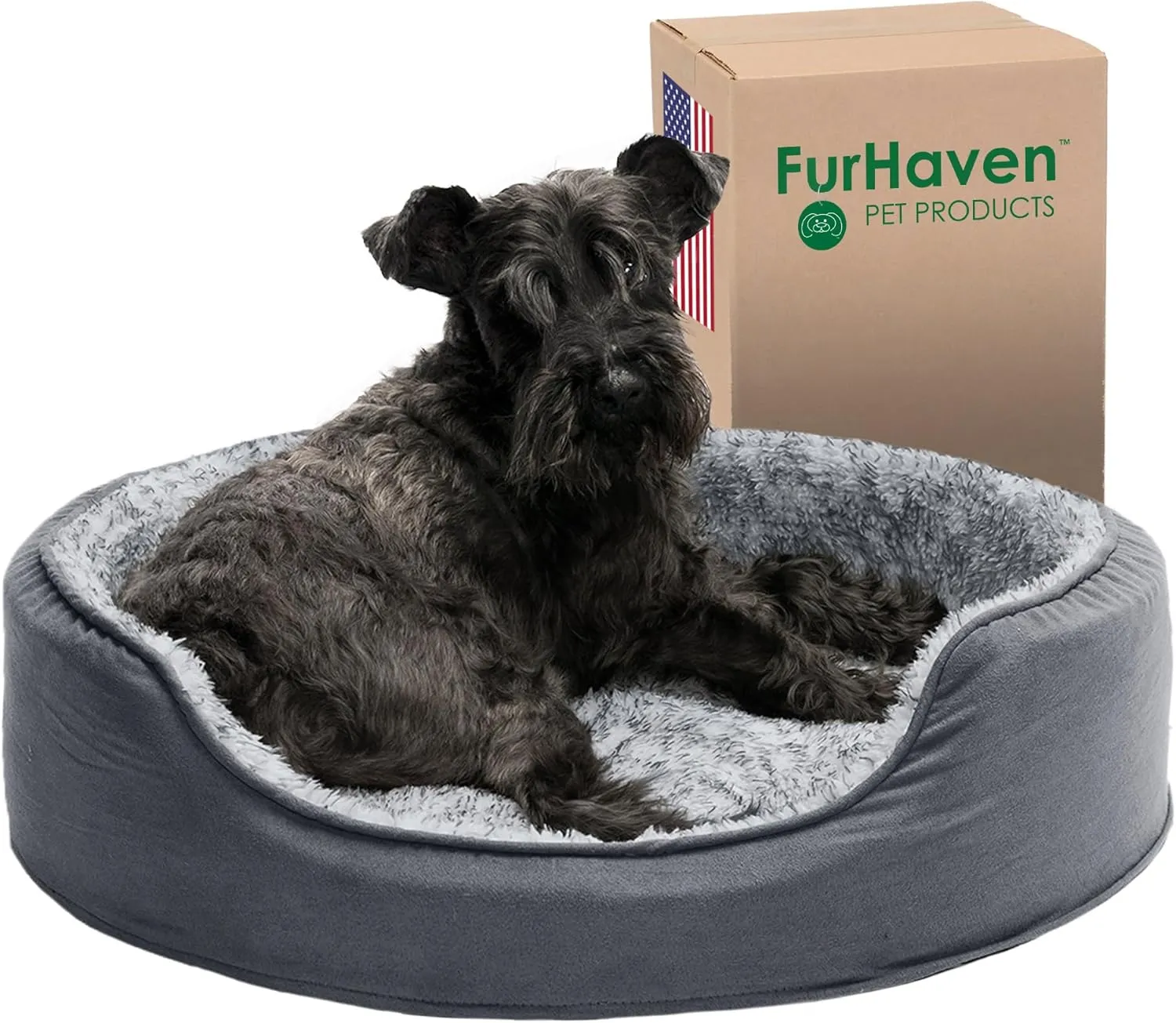 Furhaven Dog Bed for Medium/Small Dogs w/ Removable Washable Cover & Pillow Cushion Insert, For Dogs Up to 18 lbs - Two-Tone Faux Fur & Suede Oval Lounger - Gray, Medium