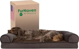 Furhaven Memory Foam Dog Bed for Large/Medium Dogs w/ Removable Bolsters & Washable Cover, For Dogs Up to 55 lbs - Sherpa & Chenille Sofa - Coffee, Large