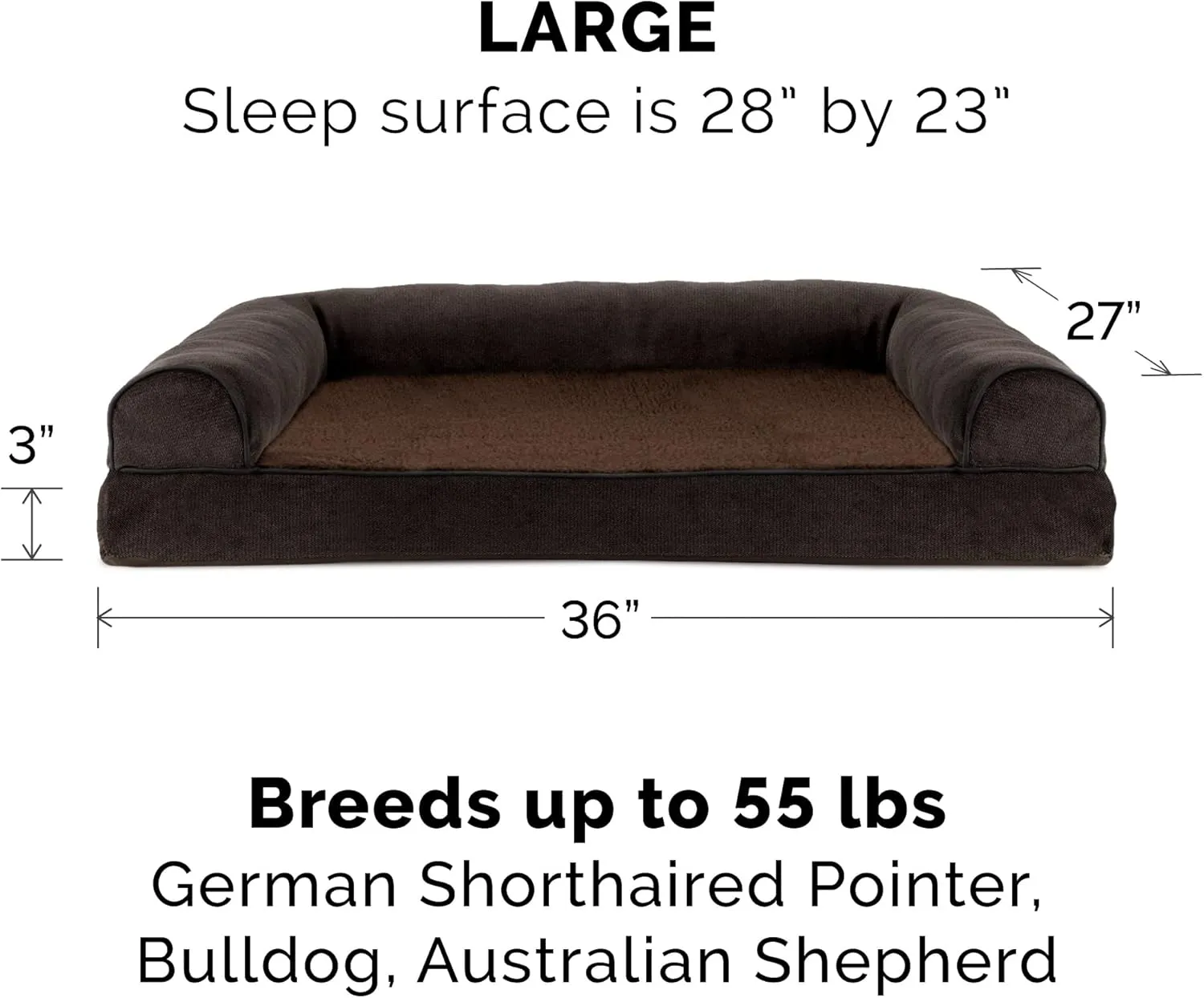 Furhaven Memory Foam Dog Bed for Large/Medium Dogs w/ Removable Bolsters & Washable Cover, For Dogs Up to 55 lbs - Sherpa & Chenille Sofa - Coffee, Large