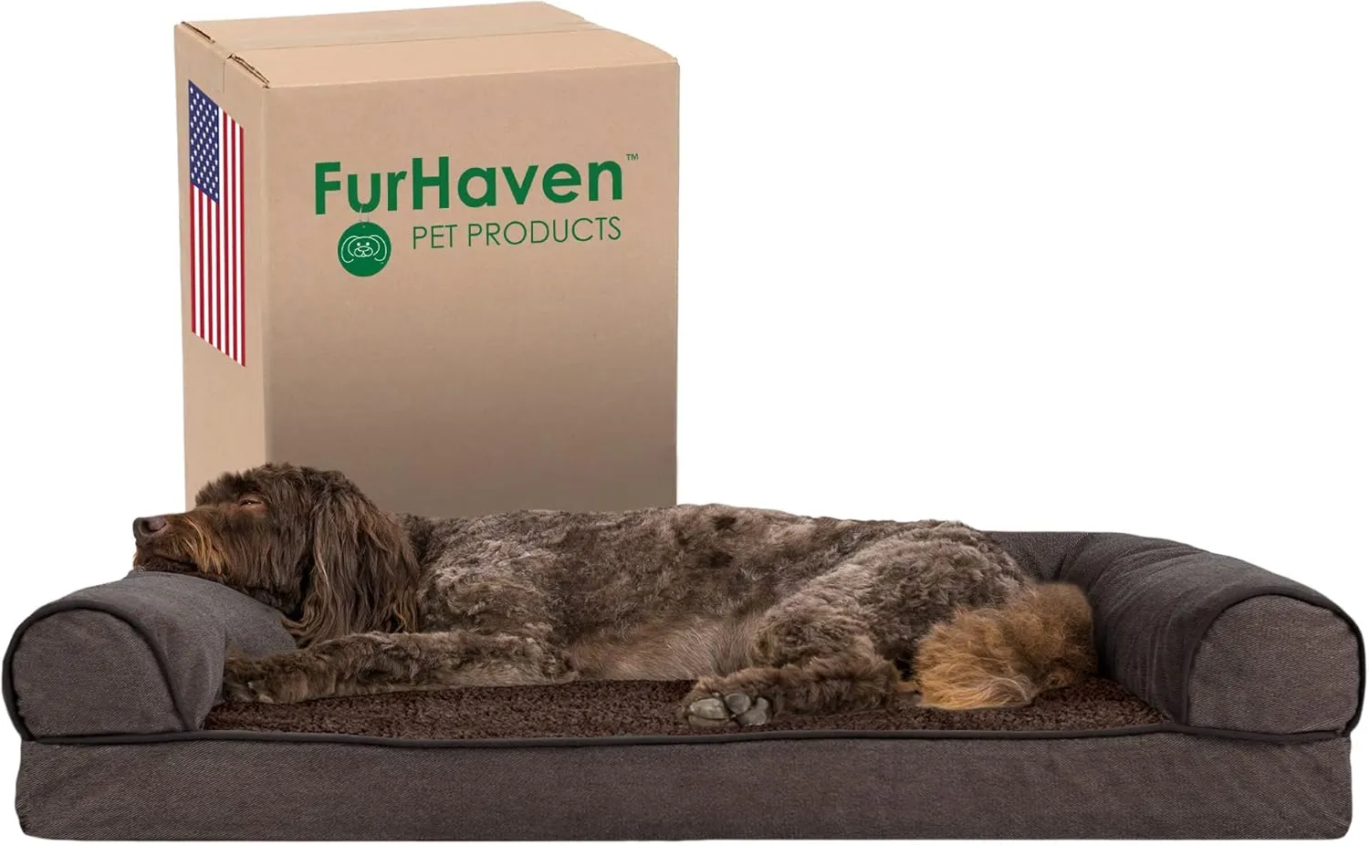 Furhaven Memory Foam Dog Bed for Large/Medium Dogs w/ Removable Bolsters & Washable Cover, For Dogs Up to 55 lbs - Sherpa & Chenille Sofa - Coffee, Large