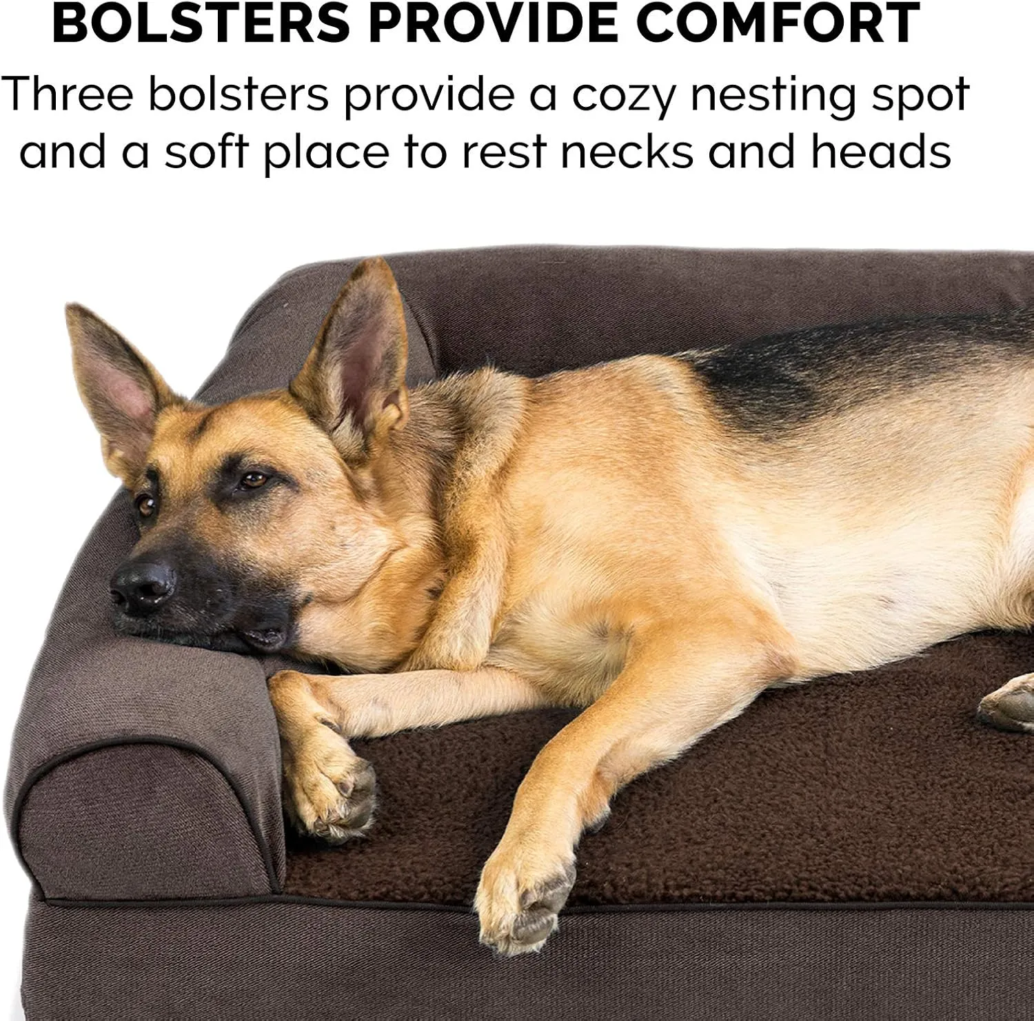 Furhaven Memory Foam Dog Bed for Large/Medium Dogs w/ Removable Bolsters & Washable Cover, For Dogs Up to 55 lbs - Sherpa & Chenille Sofa - Coffee, Large