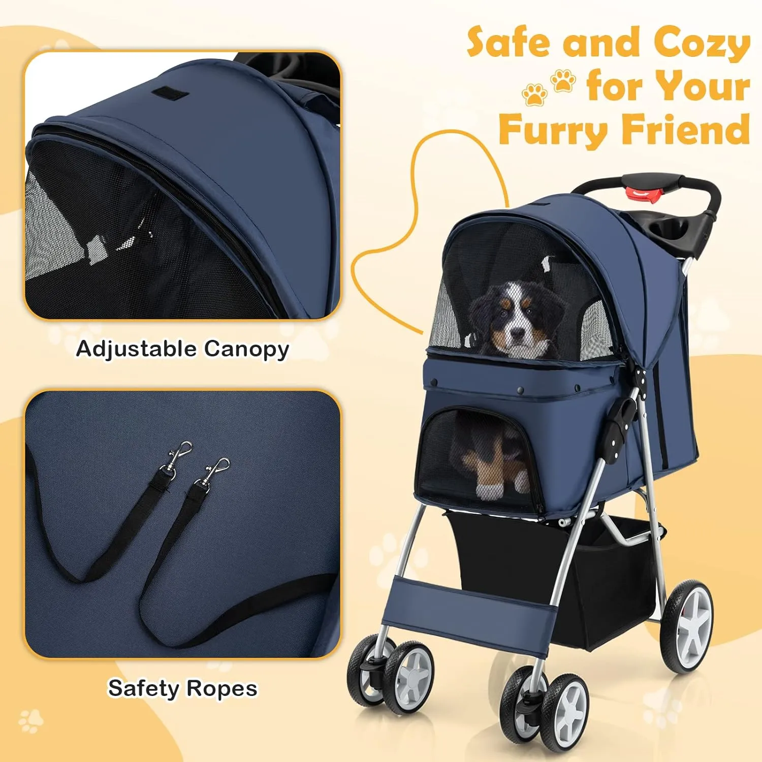 Giantex Folding Dog Stroller for Small Medium Dogs Cats Puppy, 4 Lockable Wheels Cat Stroller Pet Travel Carrier Strolling Cart, Safety Belt, Removable Liner and Storage Basket (Navy)