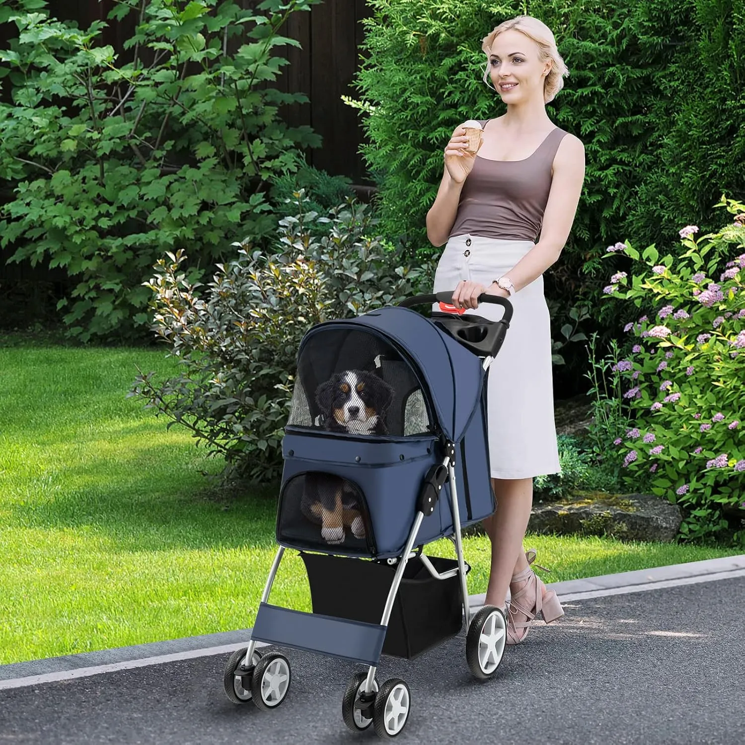 Giantex Folding Dog Stroller for Small Medium Dogs Cats Puppy, 4 Lockable Wheels Cat Stroller Pet Travel Carrier Strolling Cart, Safety Belt, Removable Liner and Storage Basket (Navy)