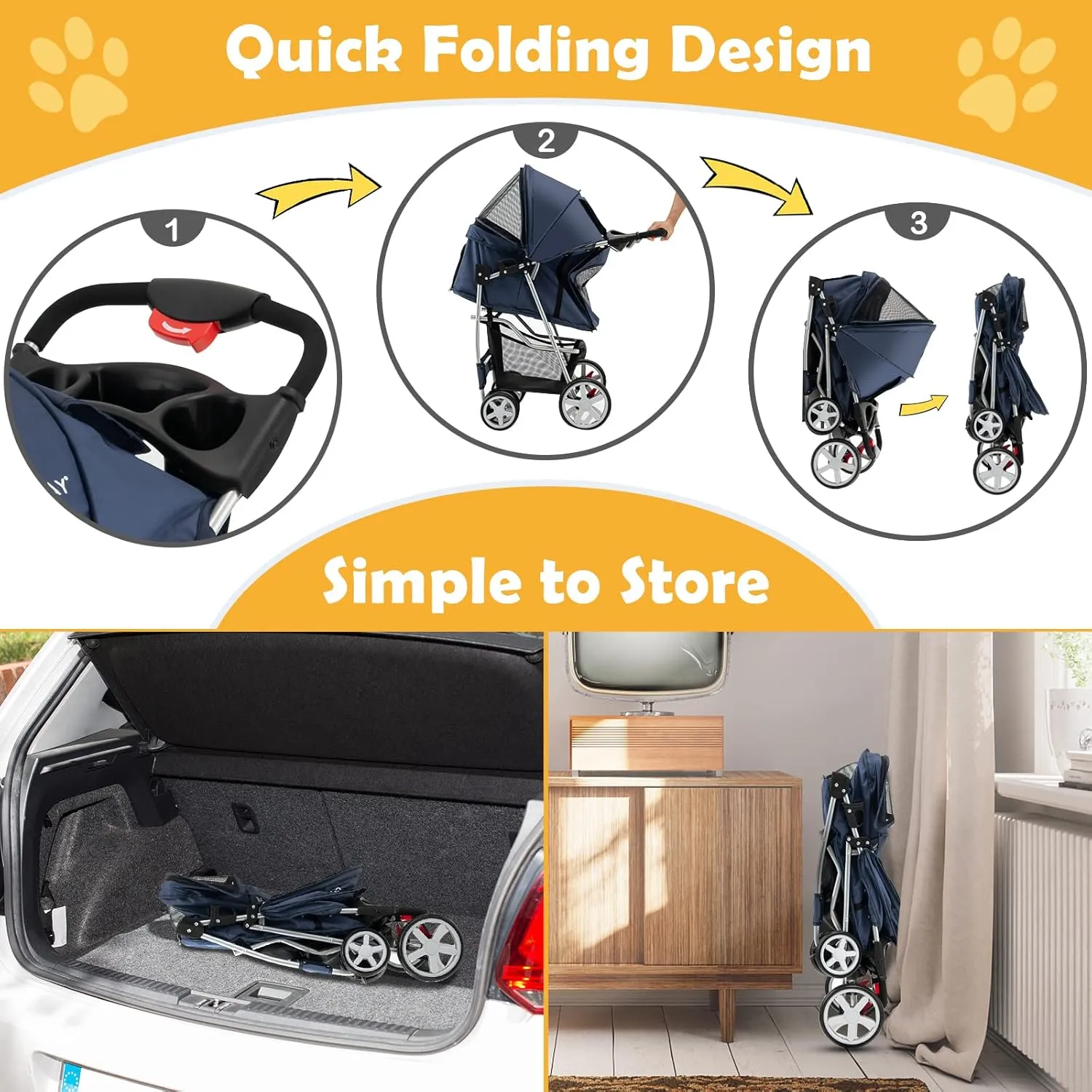 Giantex Folding Dog Stroller for Small Medium Dogs Cats Puppy, 4 Lockable Wheels Cat Stroller Pet Travel Carrier Strolling Cart, Safety Belt, Removable Liner and Storage Basket (Navy)
