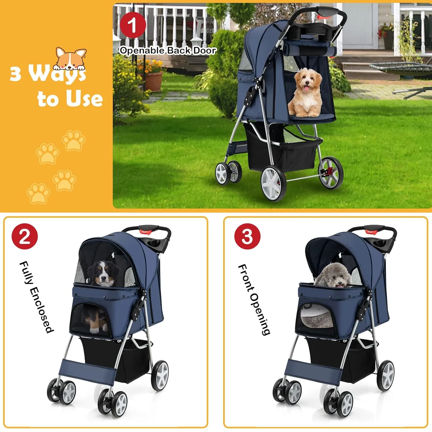Giantex Folding Dog Stroller for Small Medium Dogs Cats Puppy, 4 Lockable Wheels Cat Stroller Pet Travel Carrier Strolling Cart, Safety Belt, Removable Liner and Storage Basket (Navy)