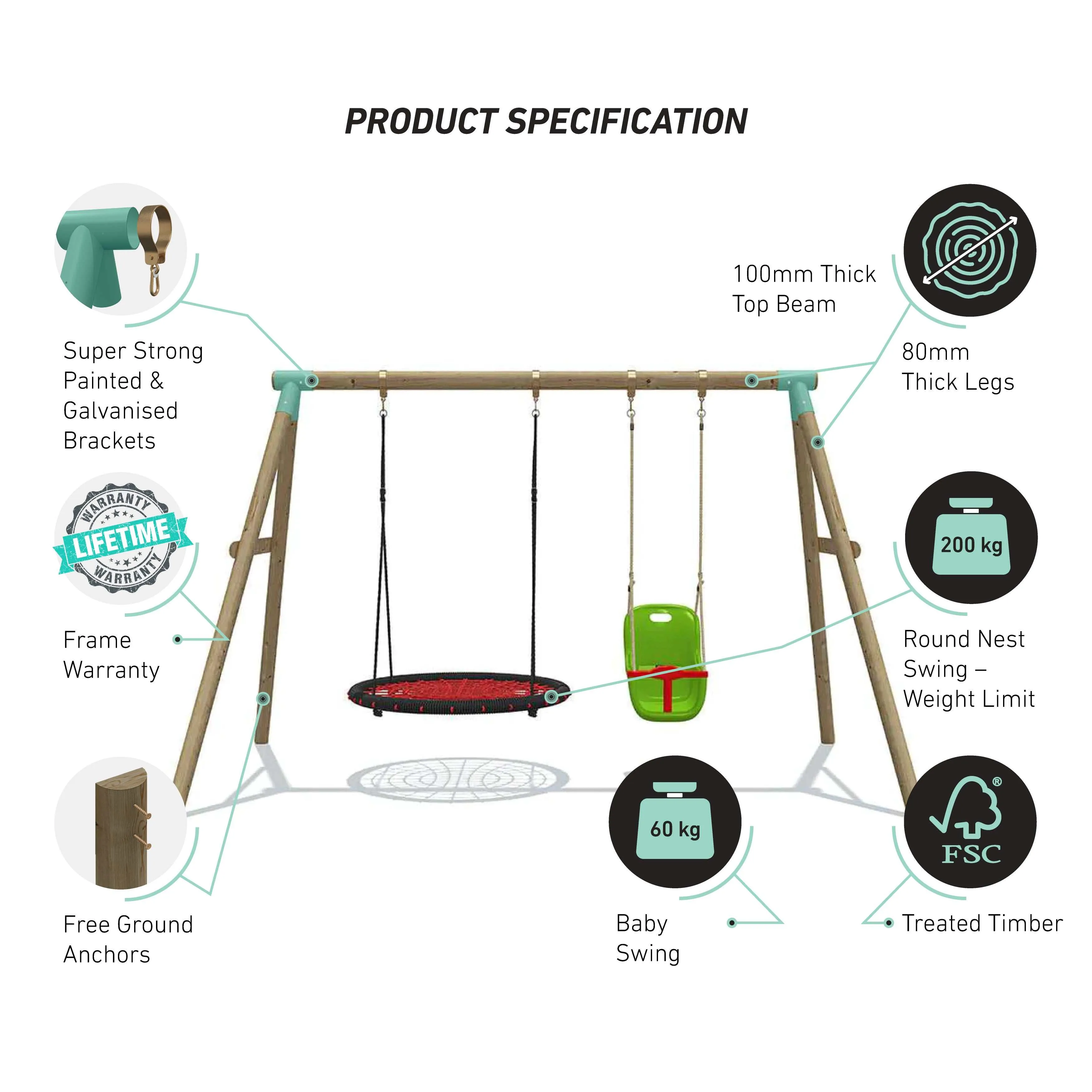 Go Wild 120cm Round Nest Wooden Swing Set with Baby Seat