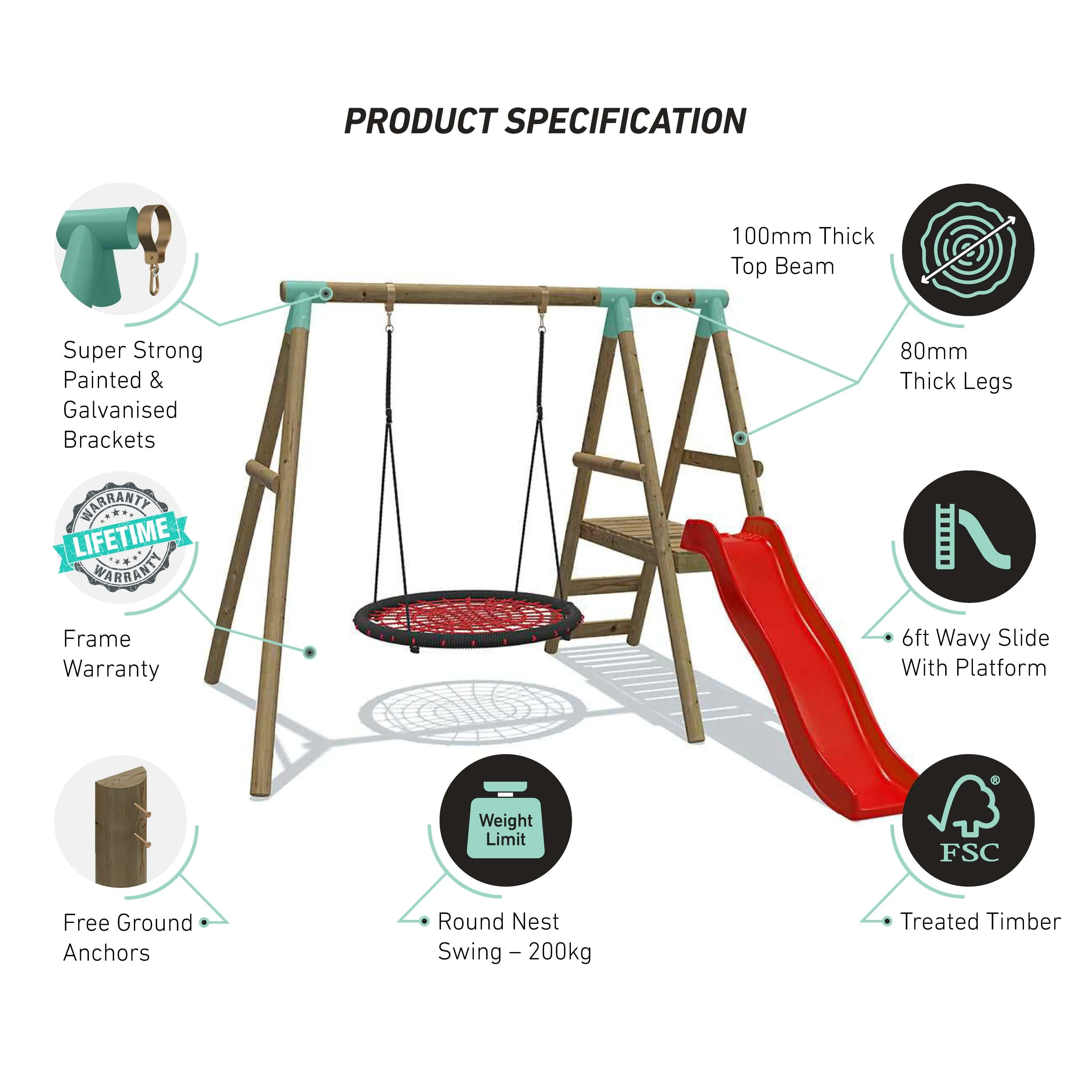 Go Wild Wooden Swing & Slide Set Plus 120cm Round Nest