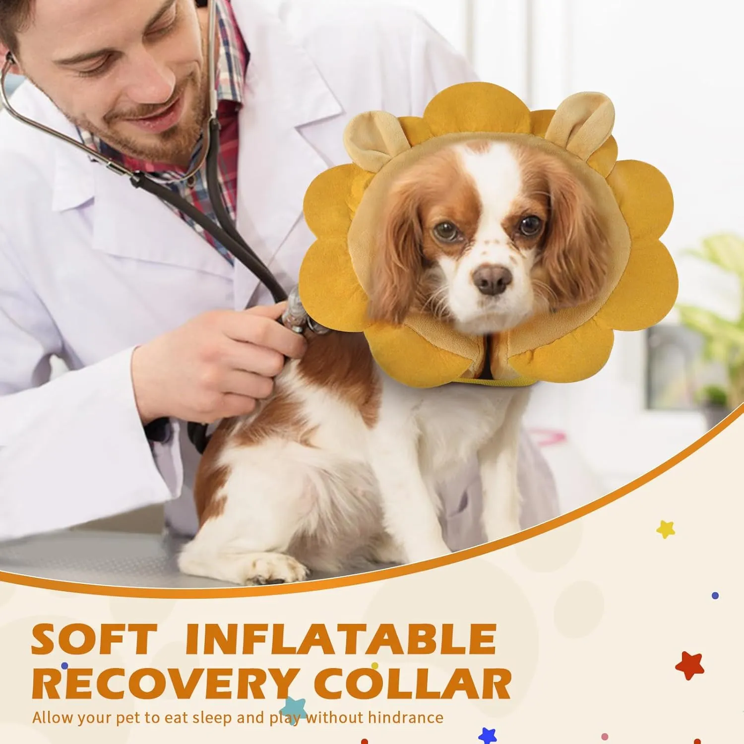 IEUUMLER Inflatable Recovery Dog Collar, Protective Donut Cone, Adjustable Soft Collar for Dog and Cat After Surgery Prevent from Biting & Scratching EU002 - Brown Lion L