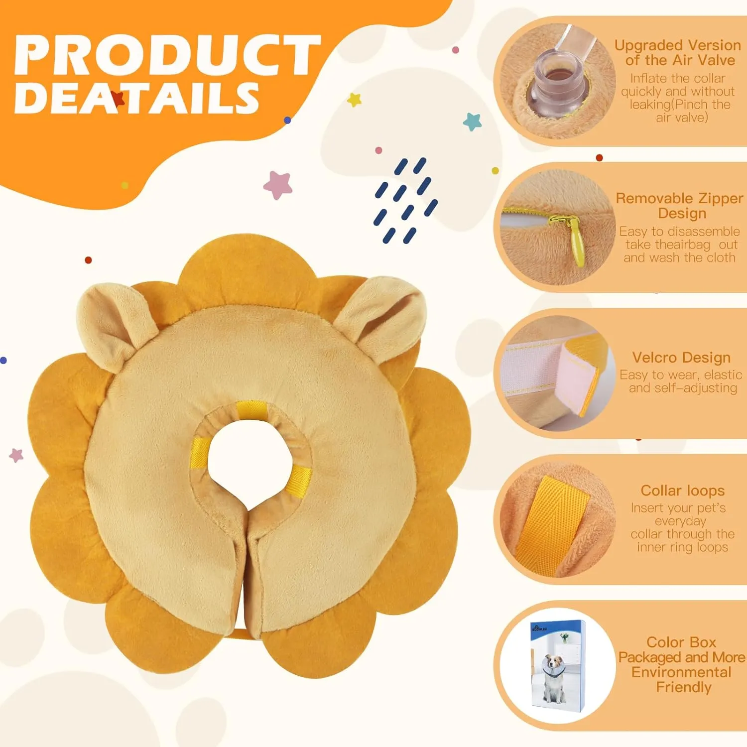IEUUMLER Inflatable Recovery Dog Collar, Protective Donut Cone, Adjustable Soft Collar for Dog and Cat After Surgery Prevent from Biting & Scratching EU002 - Brown Lion L