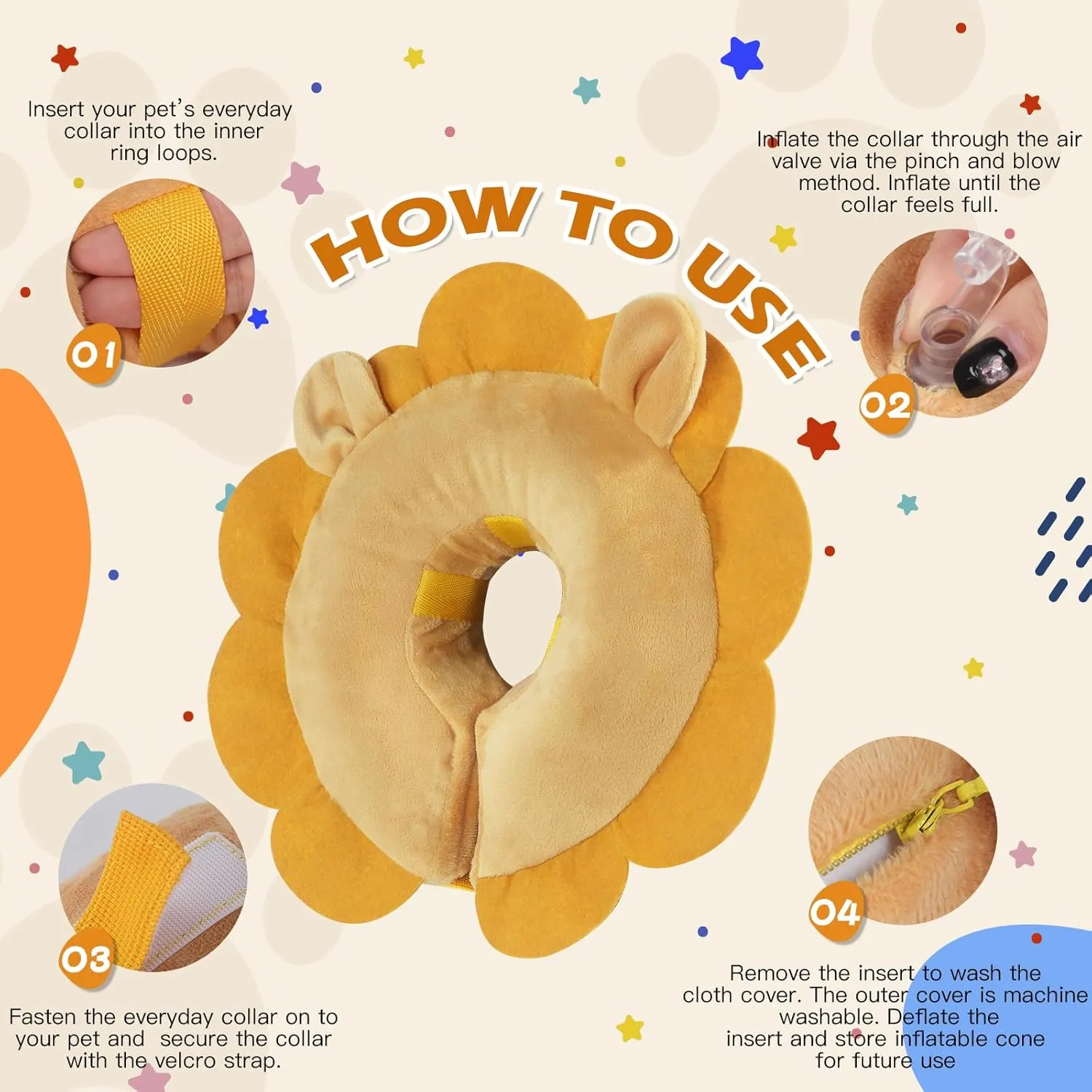 IEUUMLER Inflatable Recovery Dog Collar, Protective Donut Cone, Adjustable Soft Collar for Dog and Cat After Surgery Prevent from Biting & Scratching EU002 - Brown Lion L