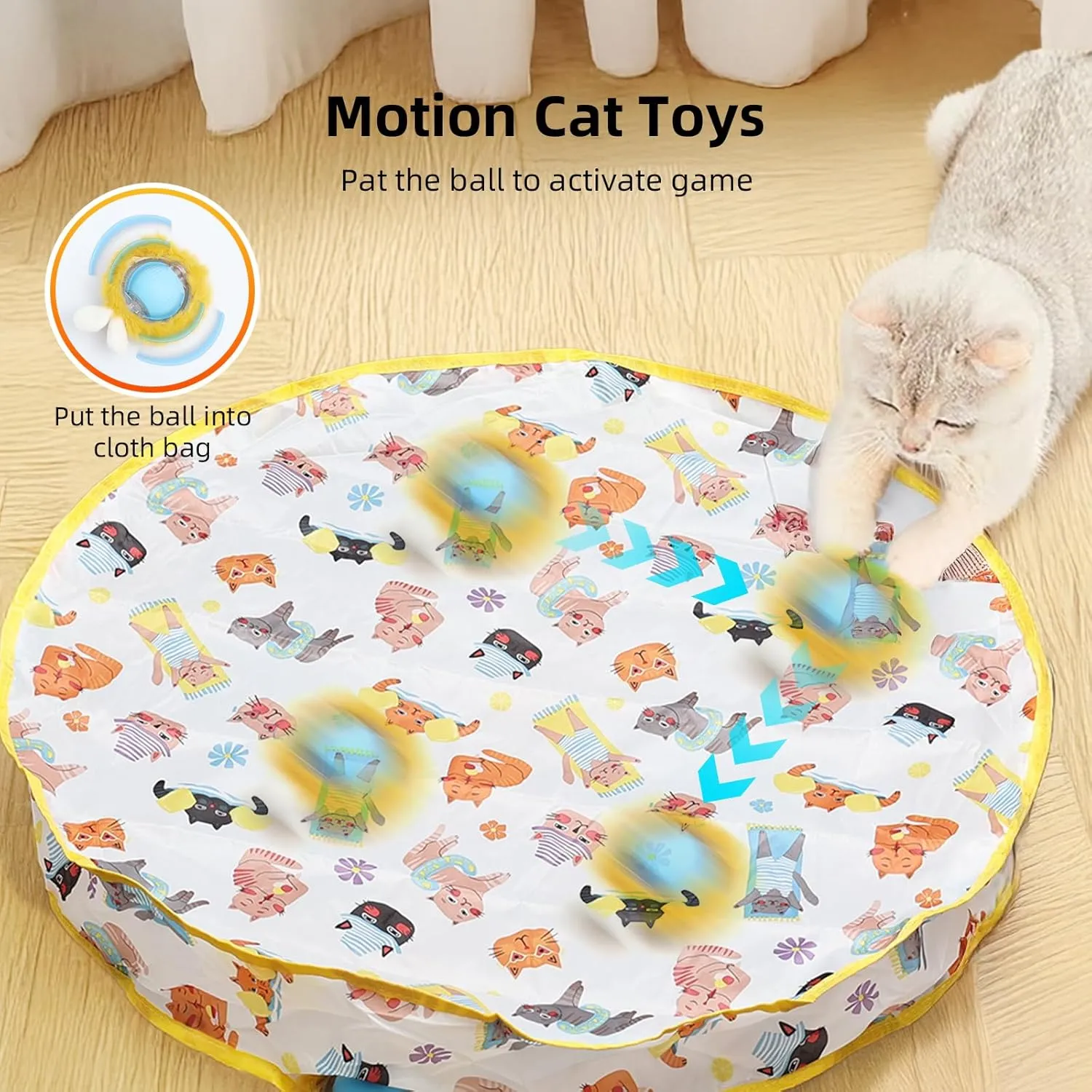 Interactive Cat Toy Ball, Automatic Moving Cat Ball in Pouch,Interactive Cat Toys for Indoor Cats,Motion Activate Cat Toy Hide and Seek Mouse Catching Game , Play Mat for Cats (Round-Yellow)