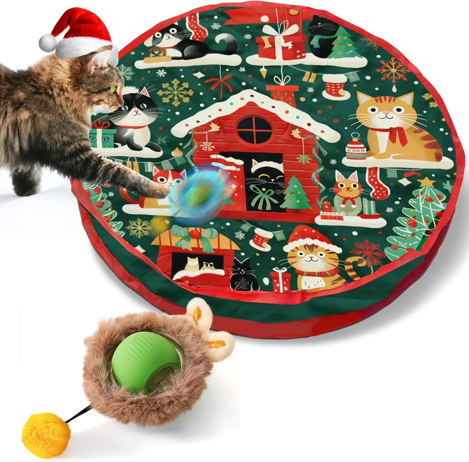 Interactive Christmas Cat Toy  Rechargeable Motion-Activated Rolling Ball in Plush Pouch with LED Light Mouse, Perfect Indoor Hunting and Exercise Toy for High-Energy and Bored Cats