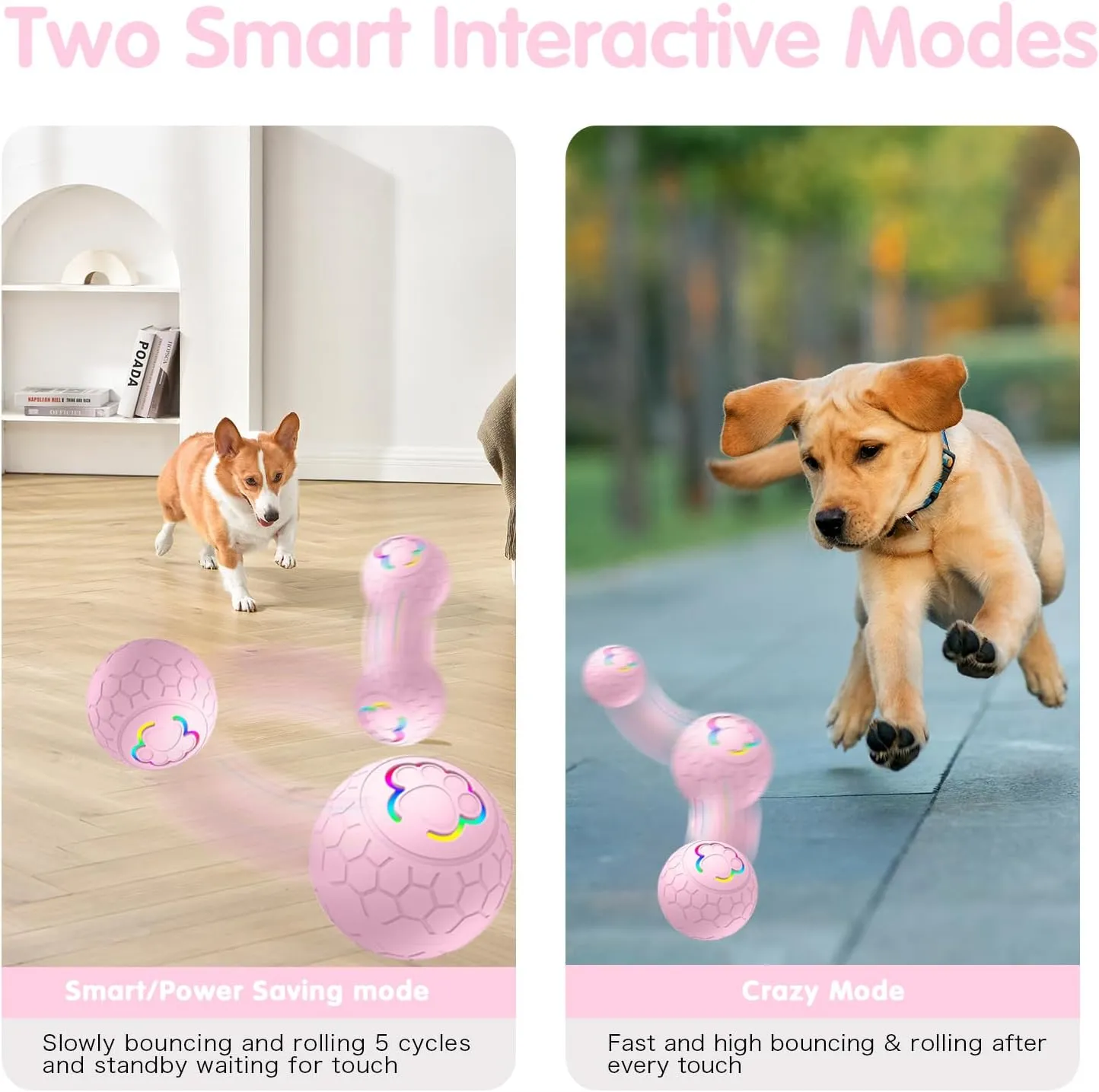 Interactive Dog Ball Motion Activated - 2.2" Sturdy Active Roling Ball for Dogs for Puppy/Small/Medium Dogs, USB Rechargeable, Pink