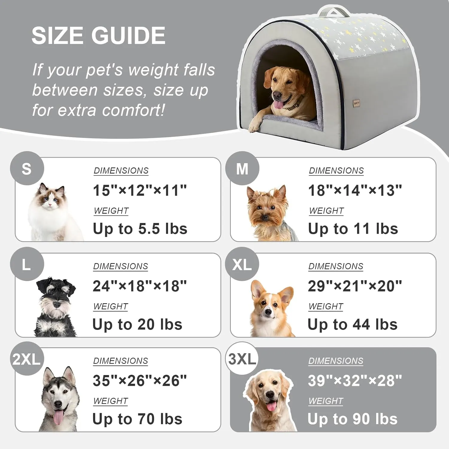 Jiupety 2 in 1 Dog House Indoor, Comfy Cave Bed Covered Dog Bed, Portable House for Large Dogs, 3XL(39"32"28"), Up to 90 Lb, Grey