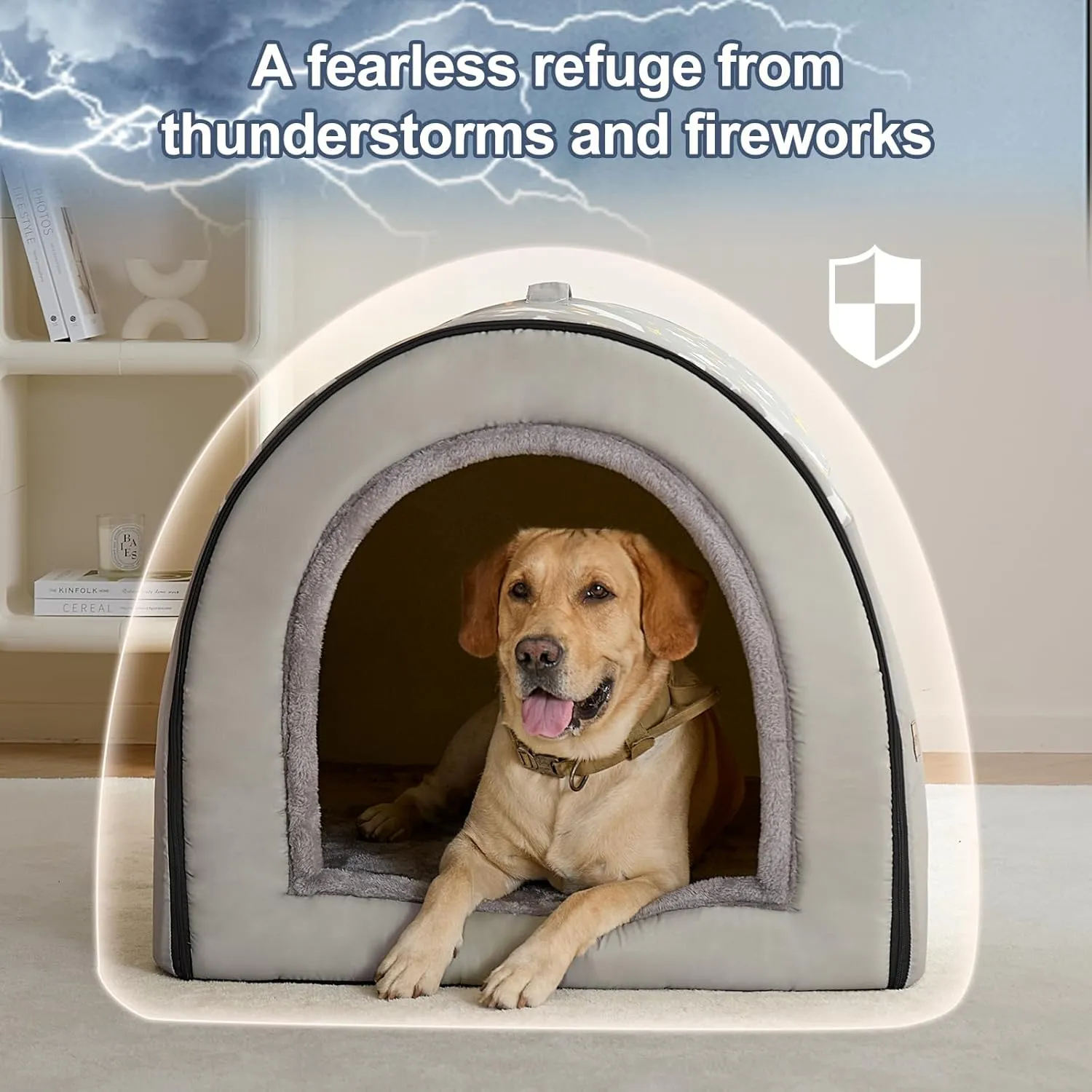 Jiupety 2 in 1 Dog House Indoor, Comfy Cave Bed Covered Dog Bed, Portable House for Large Dogs, 3XL(39"32"28"), Up to 90 Lb, Grey