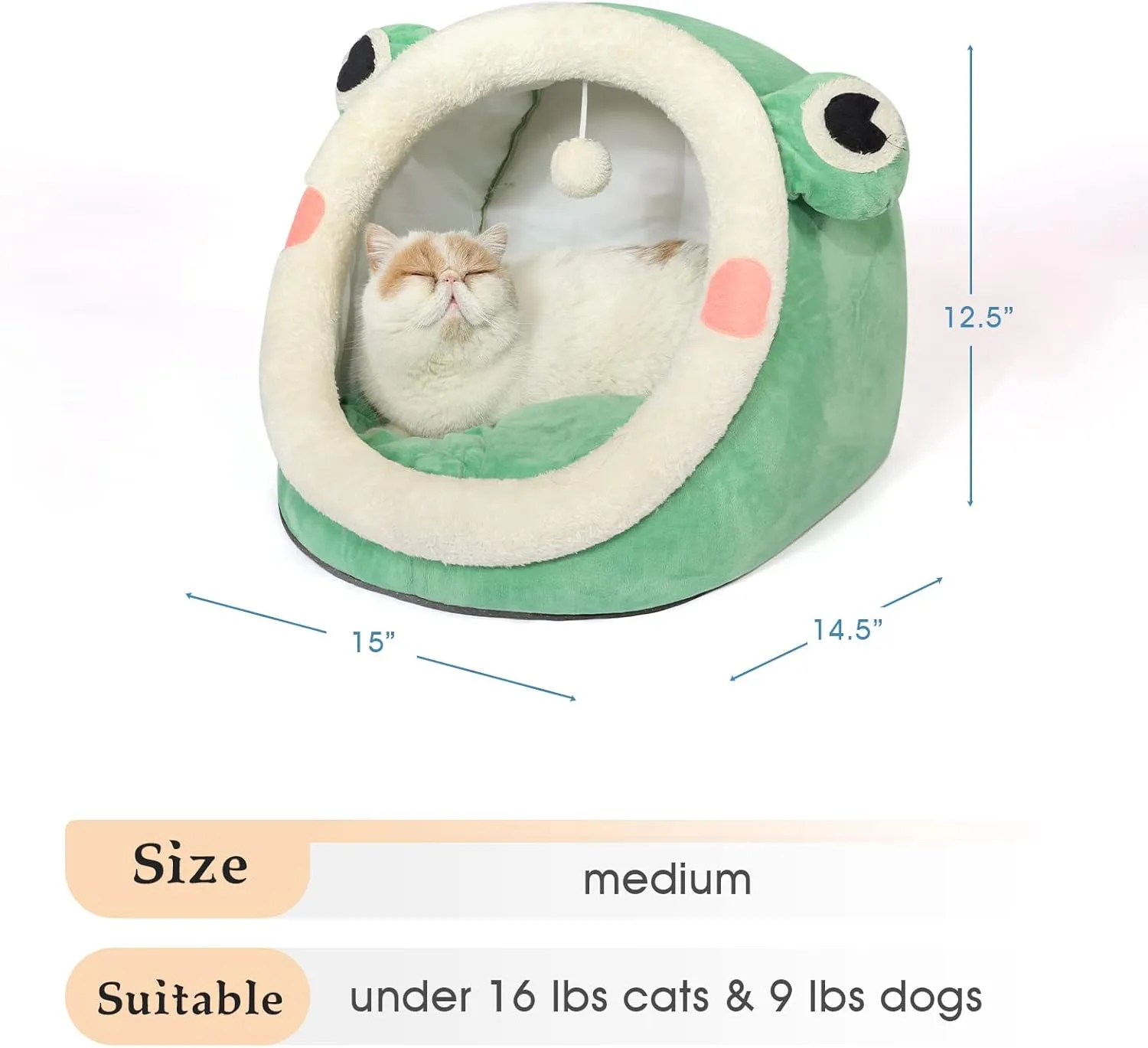 Jiupety Cute Cat Bed, Indoor Lovely Velvet Igloo for Cat and Small Dog, Warm Cave Sleeping Nest Bed for Puppy and Kitten, Green Frog, M