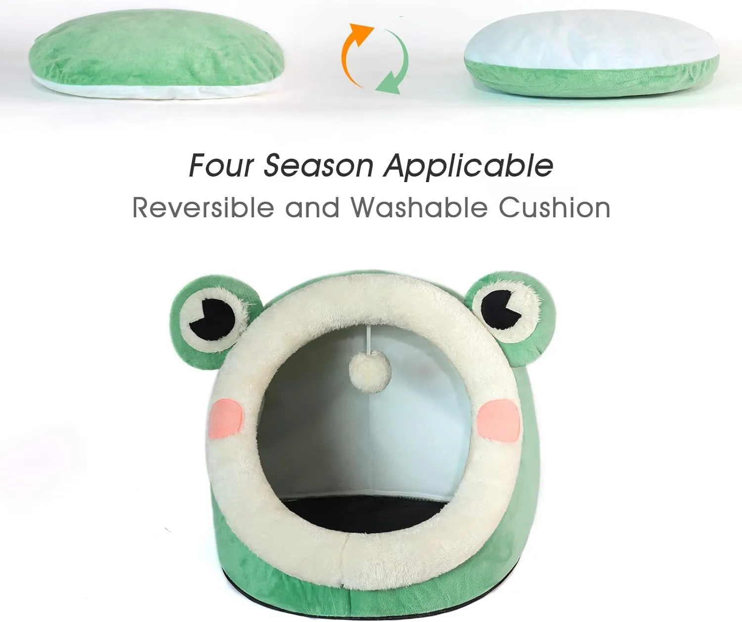 Jiupety Cute Cat Bed, Indoor Lovely Velvet Igloo for Cat and Small Dog, Warm Cave Sleeping Nest Bed for Puppy and Kitten, Green Frog, M