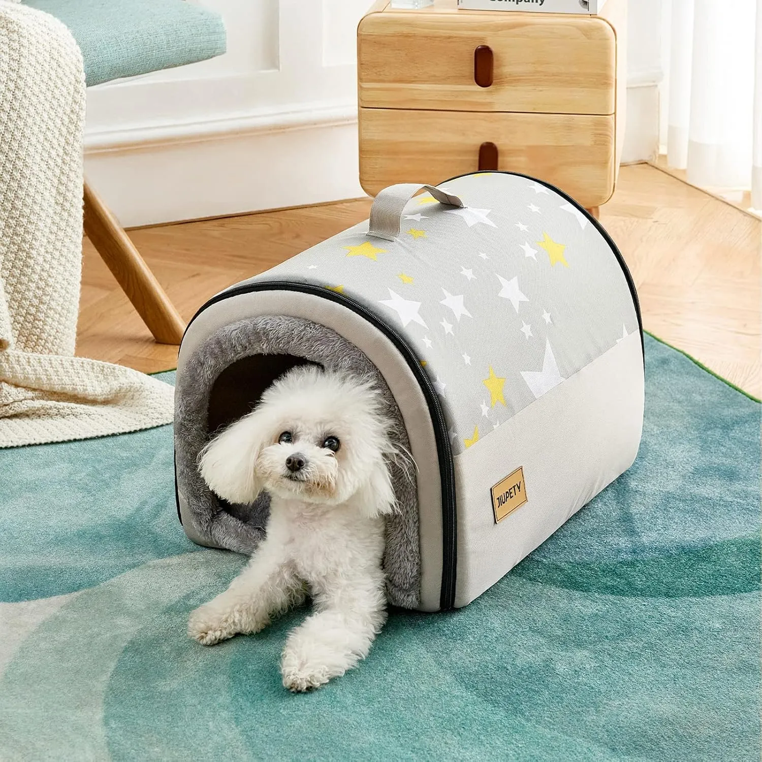 Jiupety Indoor Dog House, 2 in 1 Portable Foldable House Bed with Cover, Pet Tent & Cave Bed for Cats and Small Dogs, M(18"14"13"), Up to 11 Lb, Grey
