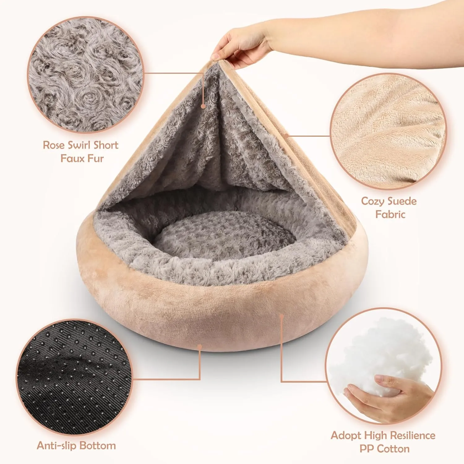 JOEJOY Small Dog Cat Bed With Hooded Blanket, Cozy Cuddler Luxury Puppy Pet Donut Round Calming Anti-Anxiety Burrow Cave - Anti-Slip Bottom, Machine Washable, 23 Inch
