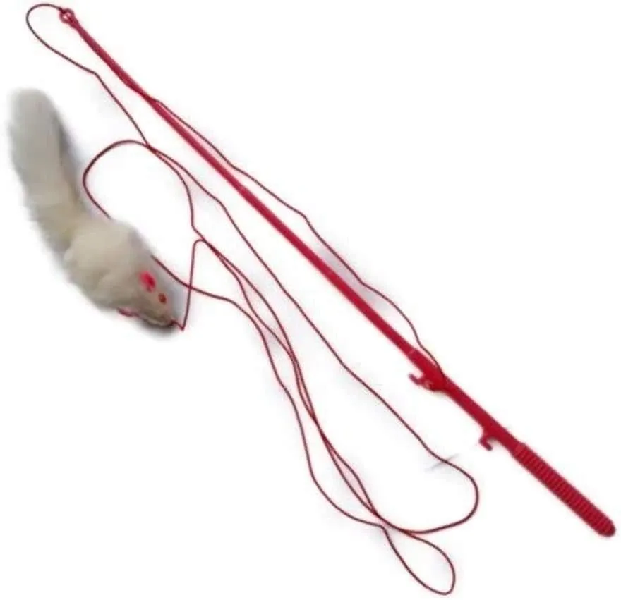 Kats'N Us Cat Fishing Pole Wand with Real Rabbit Fur Mouse Toy - Interactive, Durable Rattle Mouse Cat Toy, Design for Indoor Cats, Natural Gray