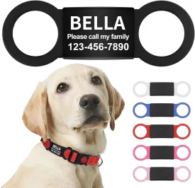 LaReine Silent Slide On Pet ID Tags, Personalized Laser Engraved on Collar, Colored Elastic Silicone Band and S/M/L/XL Black Stainless Steel Cat Dog Name Plate (Black, Small)