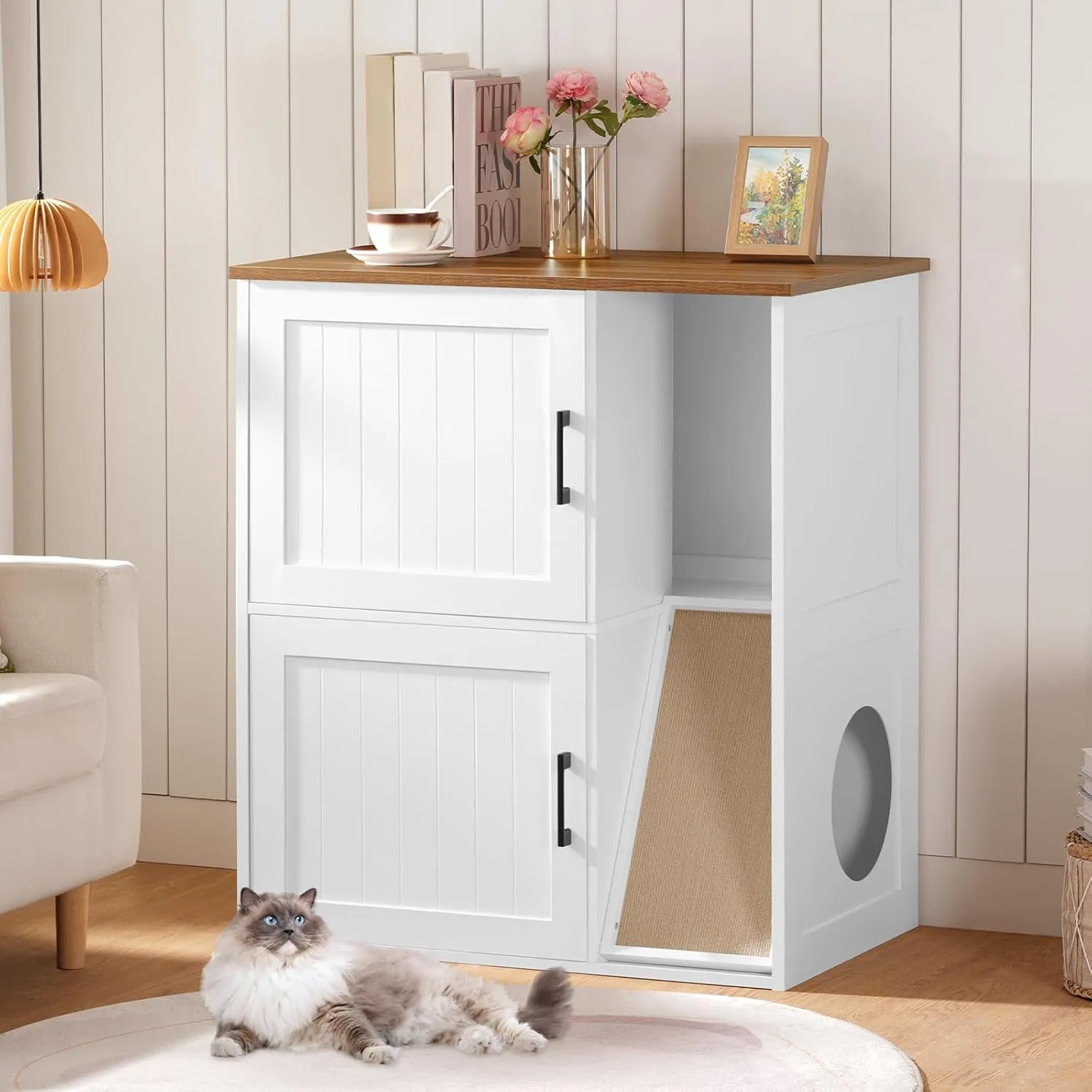 Litter Box Enclosure for 2 Cats, Hidden Litter Box Furniture with Scratch Pad, Double Litter Boxes Enclosure, Wooden Cat Washroom, Indoor Cat House End Table, White and Walnut CWBZ3201