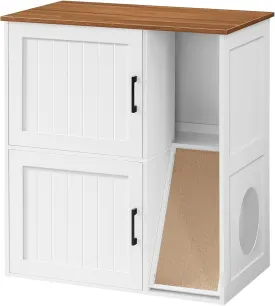 Litter Box Enclosure for 2 Cats, Hidden Litter Box Furniture with Scratch Pad, Double Litter Boxes Enclosure, Wooden Cat Washroom, Indoor Cat House End Table, White and Walnut CWBZ3201