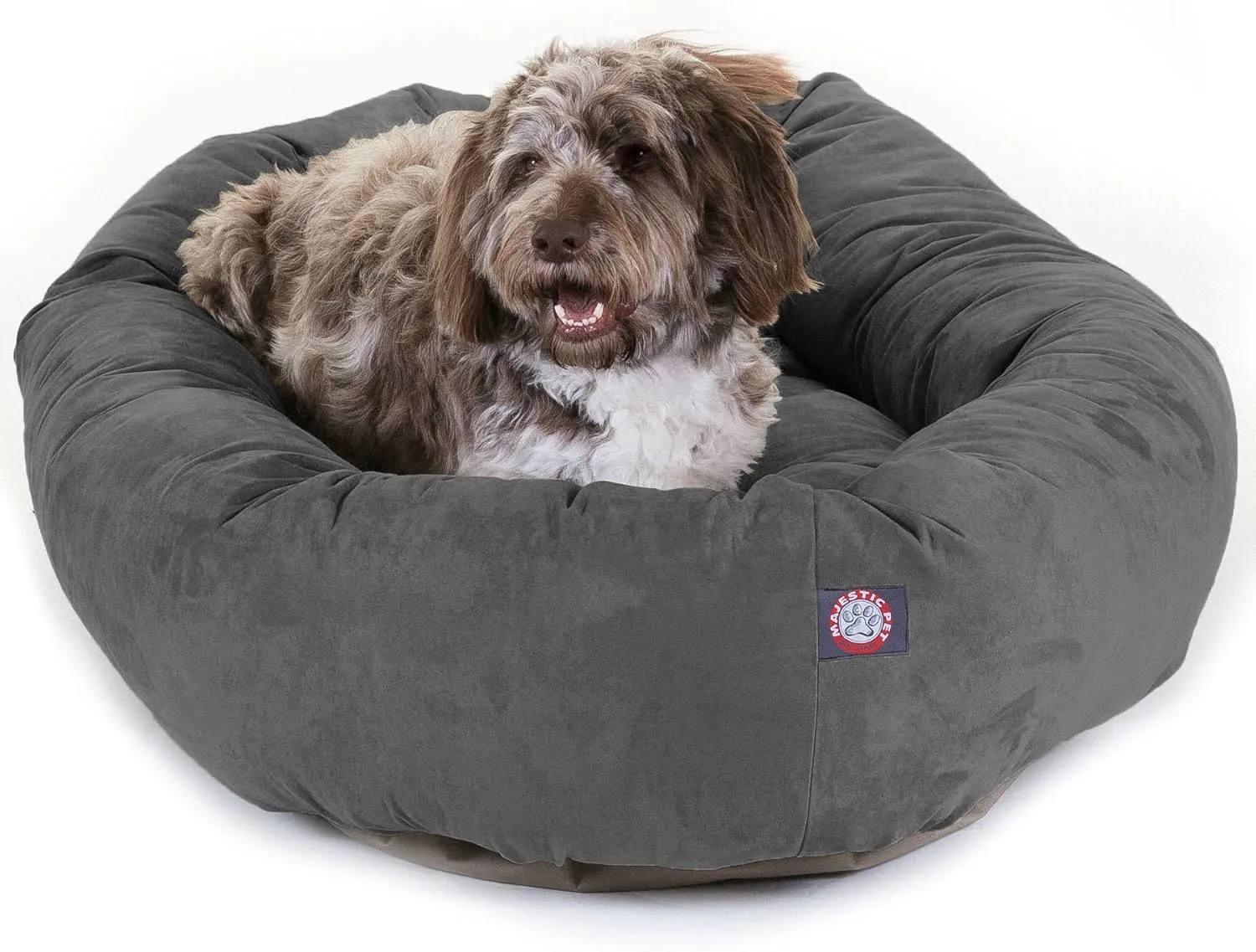 Majestic Pet 52 Inch Suede Calming Dog Bed Washable  Cozy Soft Round Dog Bed with Spine Support for Dogs to Rest their Head - Fluffy Donut Dog Bed 52x35x11 (Inch) - Round Pet Bed X- Large  Stone