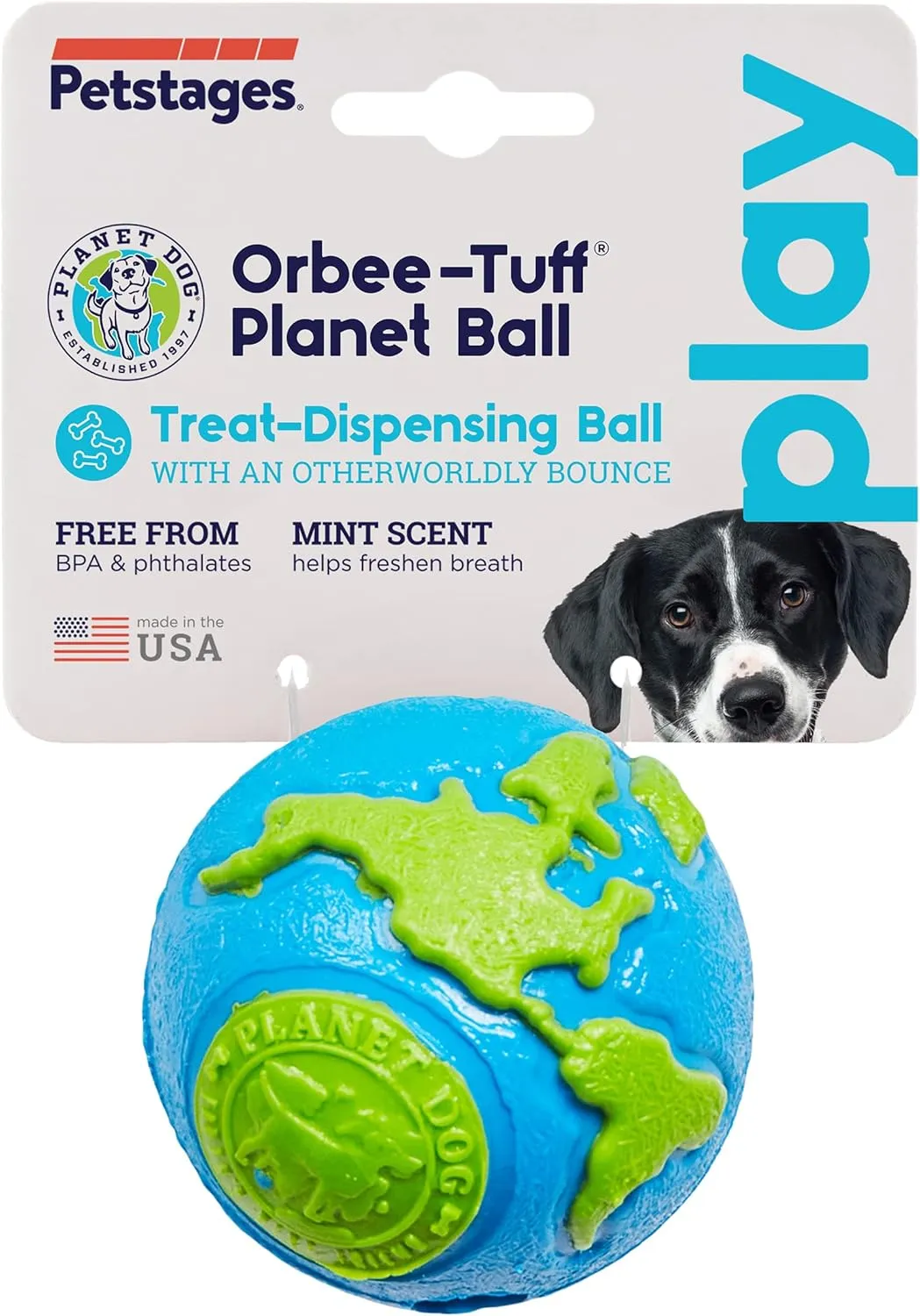 Outward Hound by Planet Dog Orbee-Tuff Planet Ball Blue/Green Treat-Dispensing Dog Toy, Medium