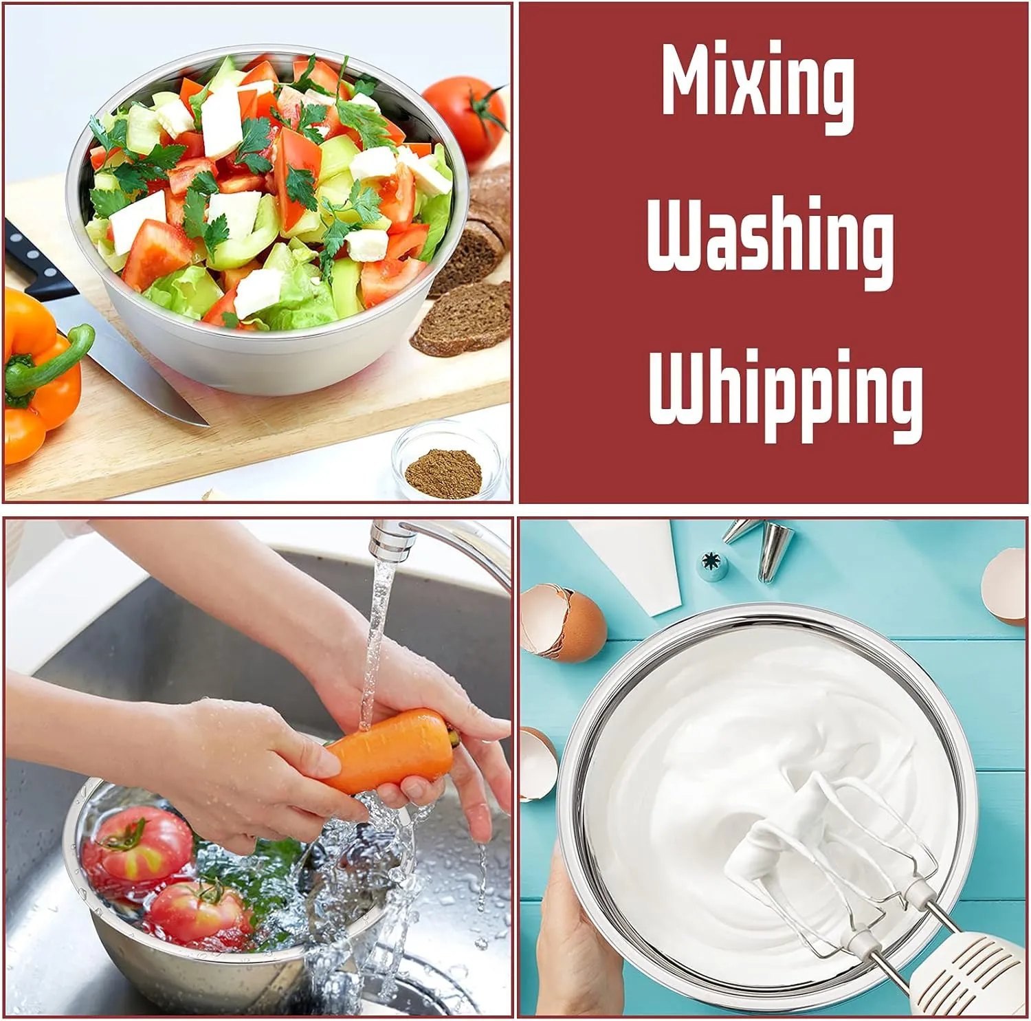P&P CHEF Mixing Bowls With Lids, Set of 6, Stainless Steel Nesting Mixing Bowls & Fitting Lids & Non-Slip Silicone Bottom, Ideal for Mixing, Storing, Size 0.7/1/1.5/2.5/3/4.6 Qt, Red
