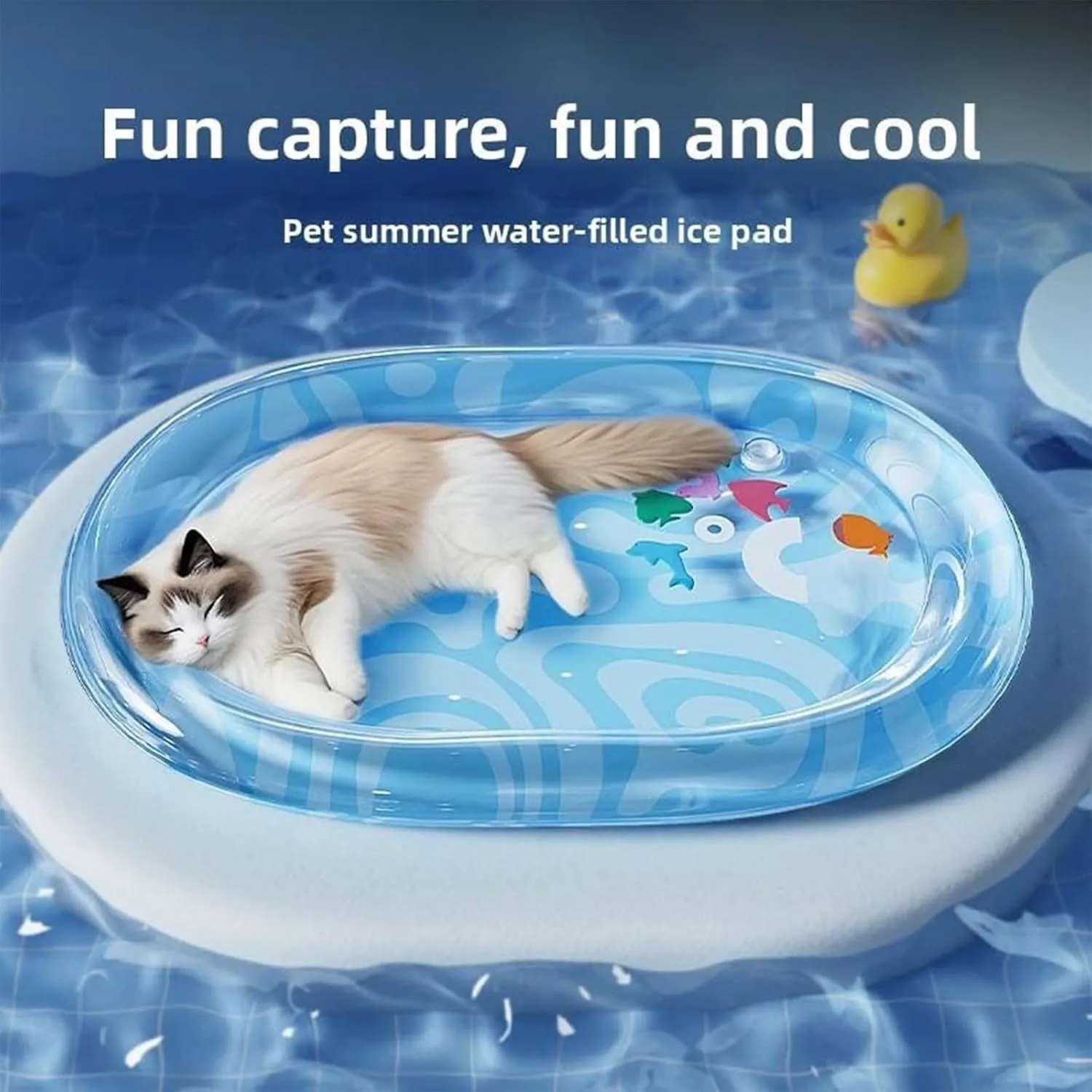 Pet Cooling Bed for Dogs Cats, Water Mat with Fish - Thickened Non-Slip Cat Play Mat with Floating Fish Design, Interactive Bed Toy for Indoor Summer, Durable Playmat (Blue Oval A, 25X20 Inches)