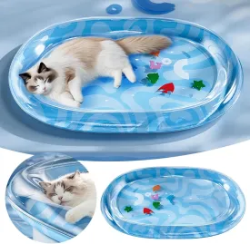 Pet Cooling Bed for Dogs Cats, Water Mat with Fish - Thickened Non-Slip Cat Play Mat with Floating Fish Design, Interactive Bed Toy for Indoor Summer, Durable Playmat (Blue Oval A, 25X20 Inches)