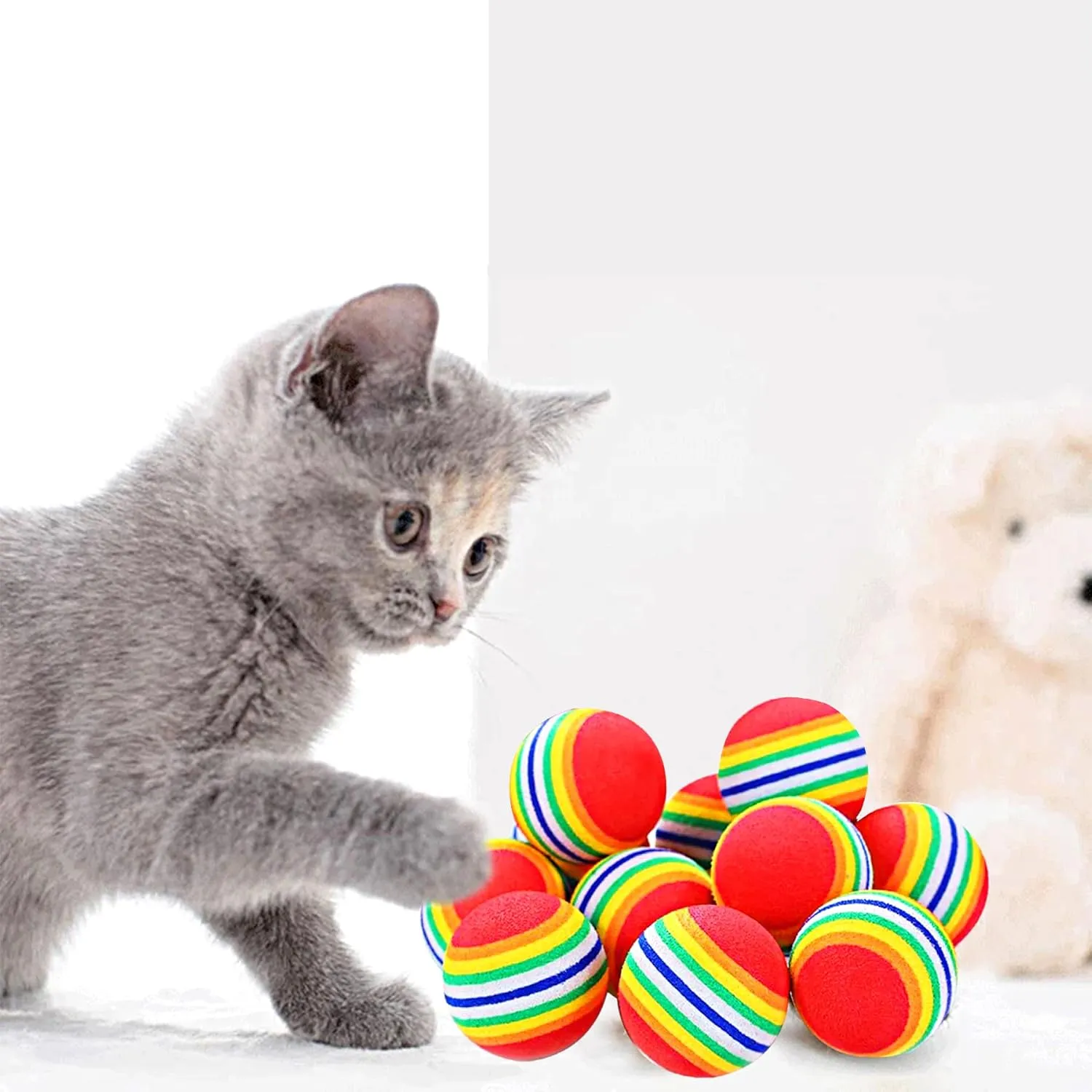 PET SHOW 50pcs 1.38" Cat Toy Balls Interactive for Indoor Cats Red Rainbow Soft EVA Foam Kittens Favorite Toys 35mm Dia. Small Dogs Puppies Toy Balls Bulk Activity Chase Quiet Play Sponge Ball