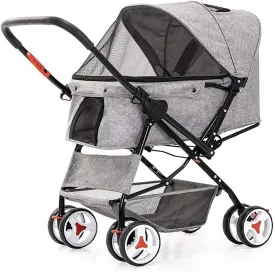 Pet Stroller Dog Stroller for Medium Dogs 4 Wheel Cat/Dog Strollers Easy One-Hand Fold Reversible Push Handle Dog Buggy Puppy & Kitten Carrier Extended