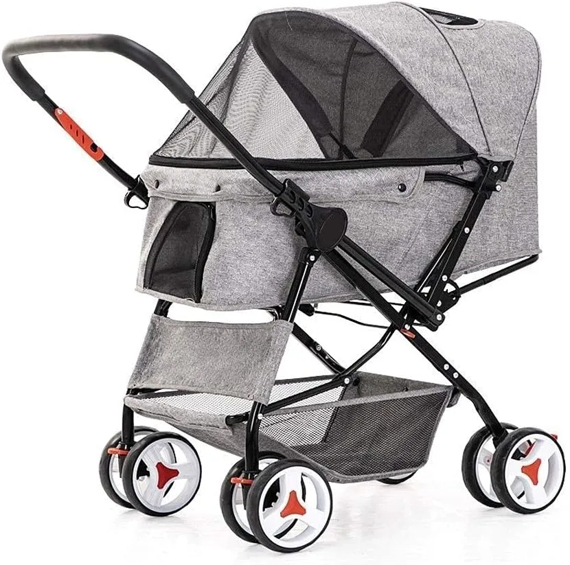 Pet Stroller Dog Stroller for Medium Dogs 4 Wheel Cat/Dog Strollers Easy One-Hand Fold Reversible Push Handle Dog Buggy Puppy & Kitten Carrier Extended
