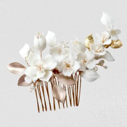 "McKenna" - Ceramic Flowers Bridal Hair Comb - Available in Gold and Silver
