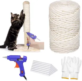 Sisal Rope for Cat Scratching Post, 164FT 4MM Natural Hemp Twine Rope for Repairing Cat Tree Tower Scratcher Replacement Kit with Hot Glue Gun and Sticks Set for DIY Indoor Decoration Pet Toys Craft
