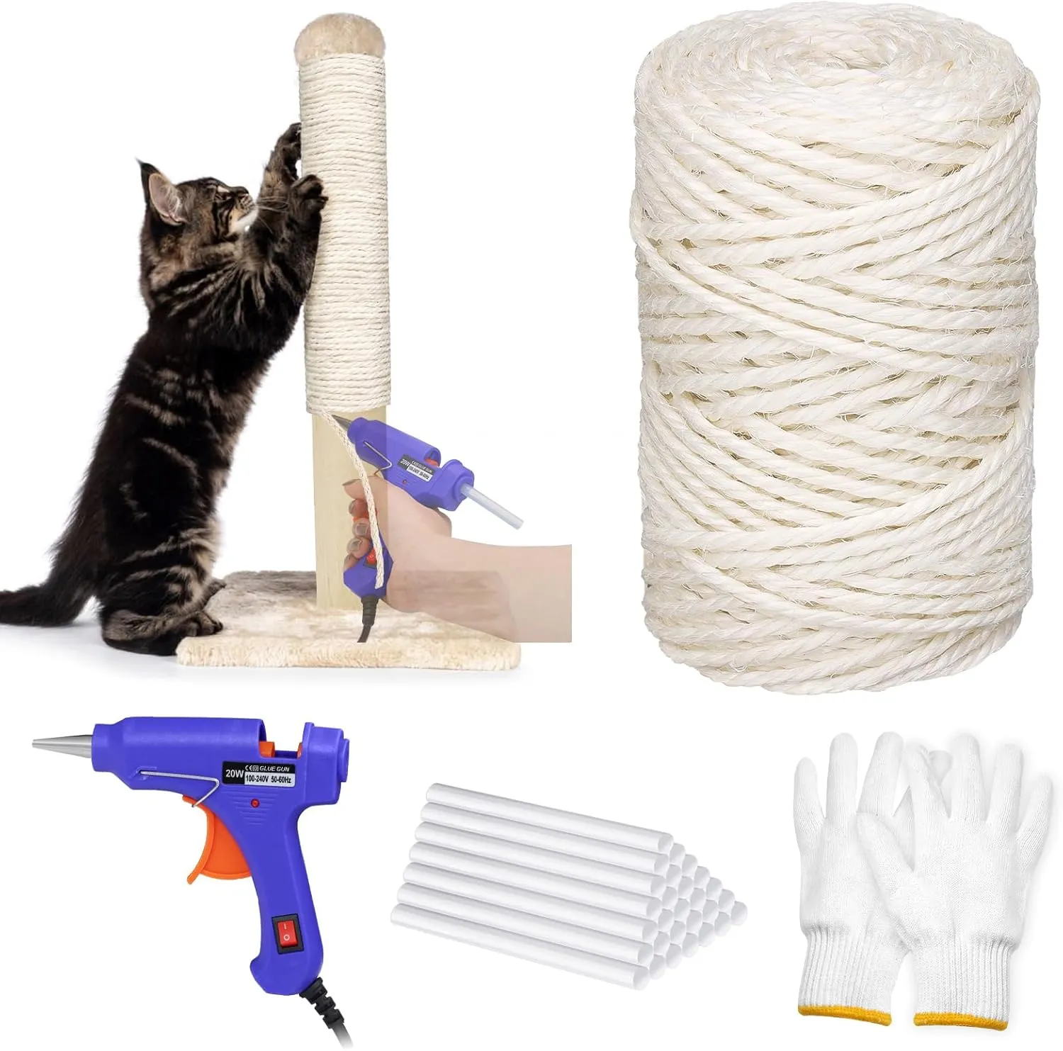 Sisal Rope for Cat Scratching Post, 164FT 4MM Natural Hemp Twine Rope for Repairing Cat Tree Tower Scratcher Replacement Kit with Hot Glue Gun and Sticks Set for DIY Indoor Decoration Pet Toys Craft