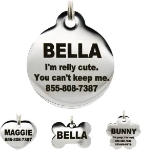 Stainless Steel Pet ID Tags - Engraved Personalized Dog Tags, Cat Tags Front & Back up to 8 Lines of Text  Bone, Round, Heart, Flower, Badge, House, Star, Rectangle, Bow Tie