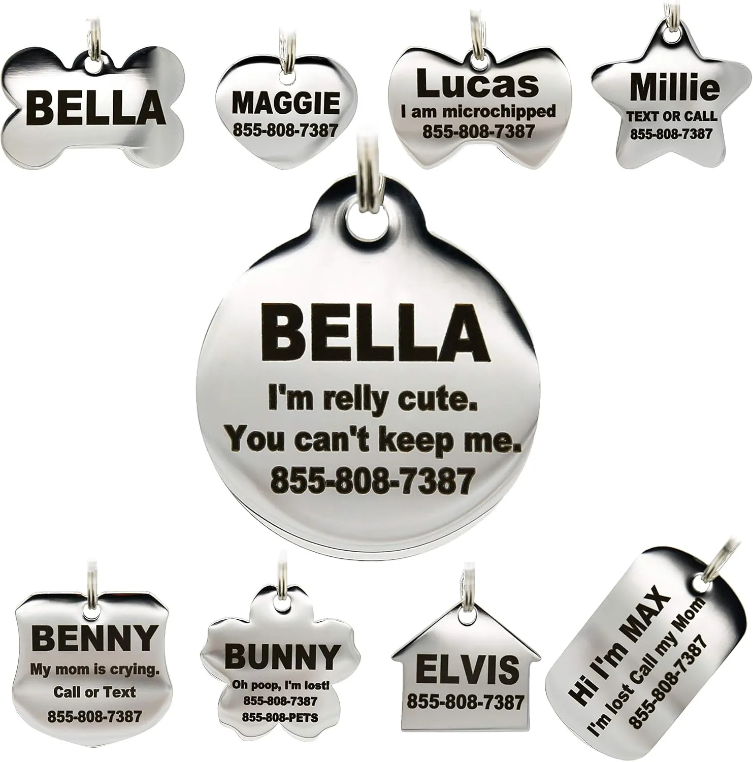 Stainless Steel Pet ID Tags - Engraved Personalized Dog Tags, Cat Tags Front & Back up to 8 Lines of Text  Bone, Round, Heart, Flower, Badge, House, Star, Rectangle, Bow Tie