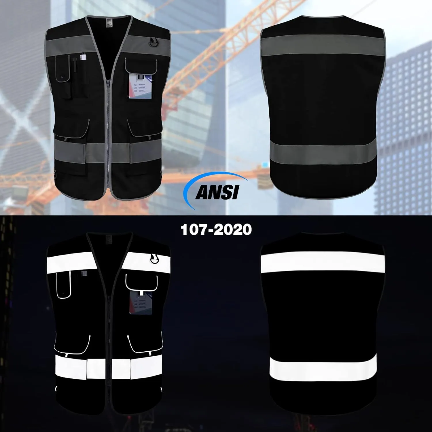 TCCFCCT Safety Vest 9 Pockets High Visibility Reflective Safety Vest for Men Women, Hi Vis Work Vest with Reflective Strips, Meets ANSI/ISEA Standards, (Black, 3X-Large)