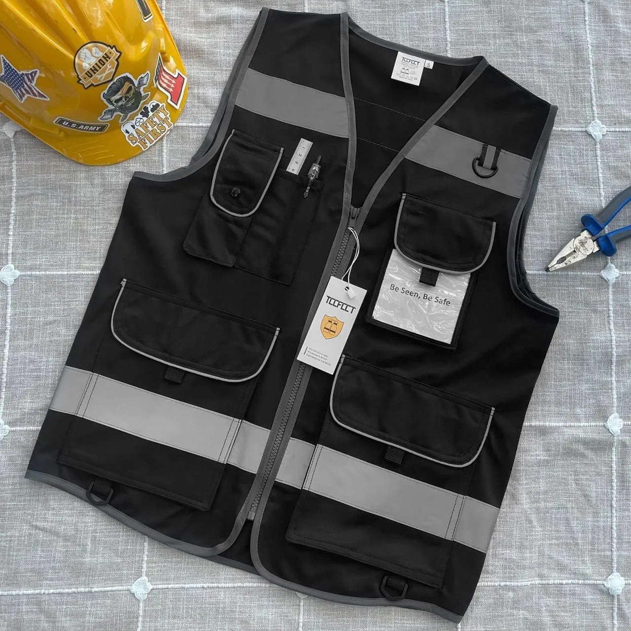 TCCFCCT Safety Vest 9 Pockets High Visibility Reflective Safety Vest for Men Women, Hi Vis Work Vest with Reflective Strips, Meets ANSI/ISEA Standards, (Black, 3X-Large)