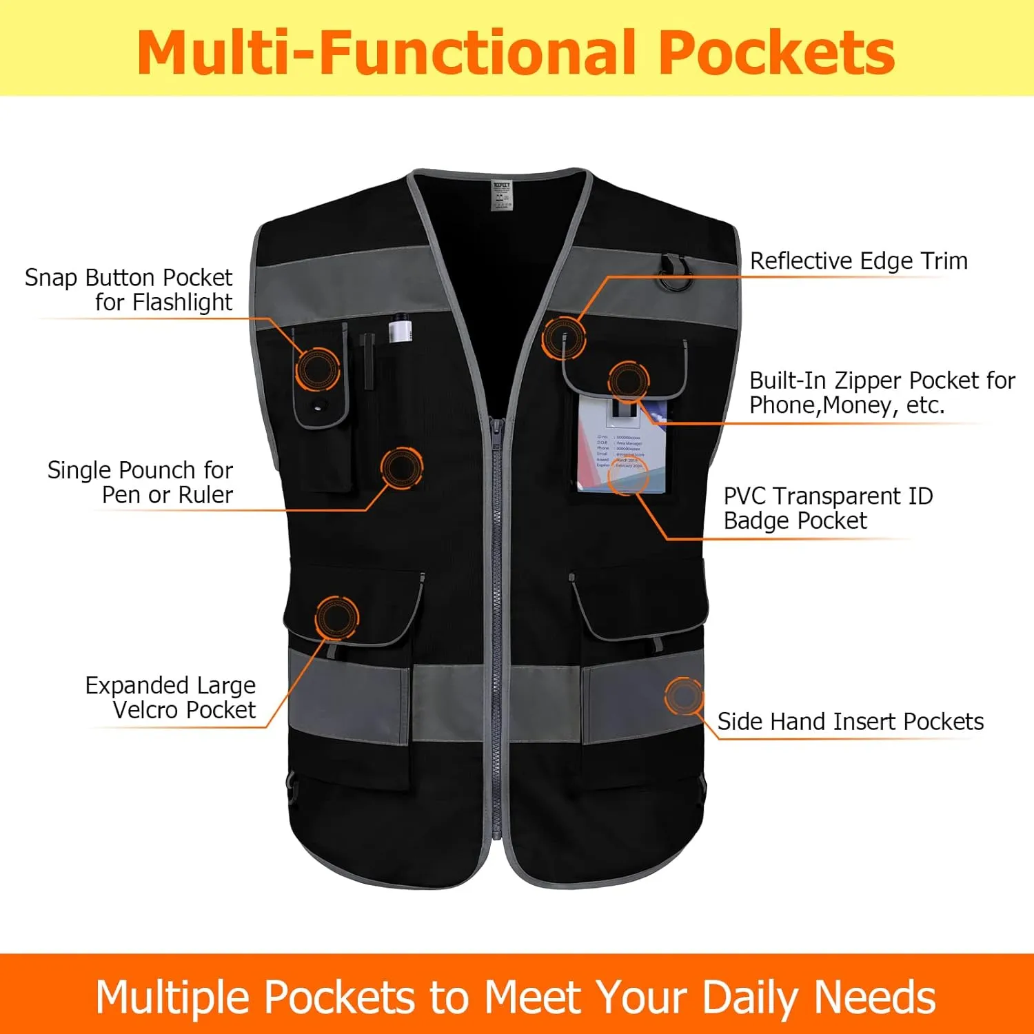 TCCFCCT Safety Vest 9 Pockets High Visibility Reflective Safety Vest for Men Women, Hi Vis Work Vest with Reflective Strips, Meets ANSI/ISEA Standards, (Black, 3X-Large)